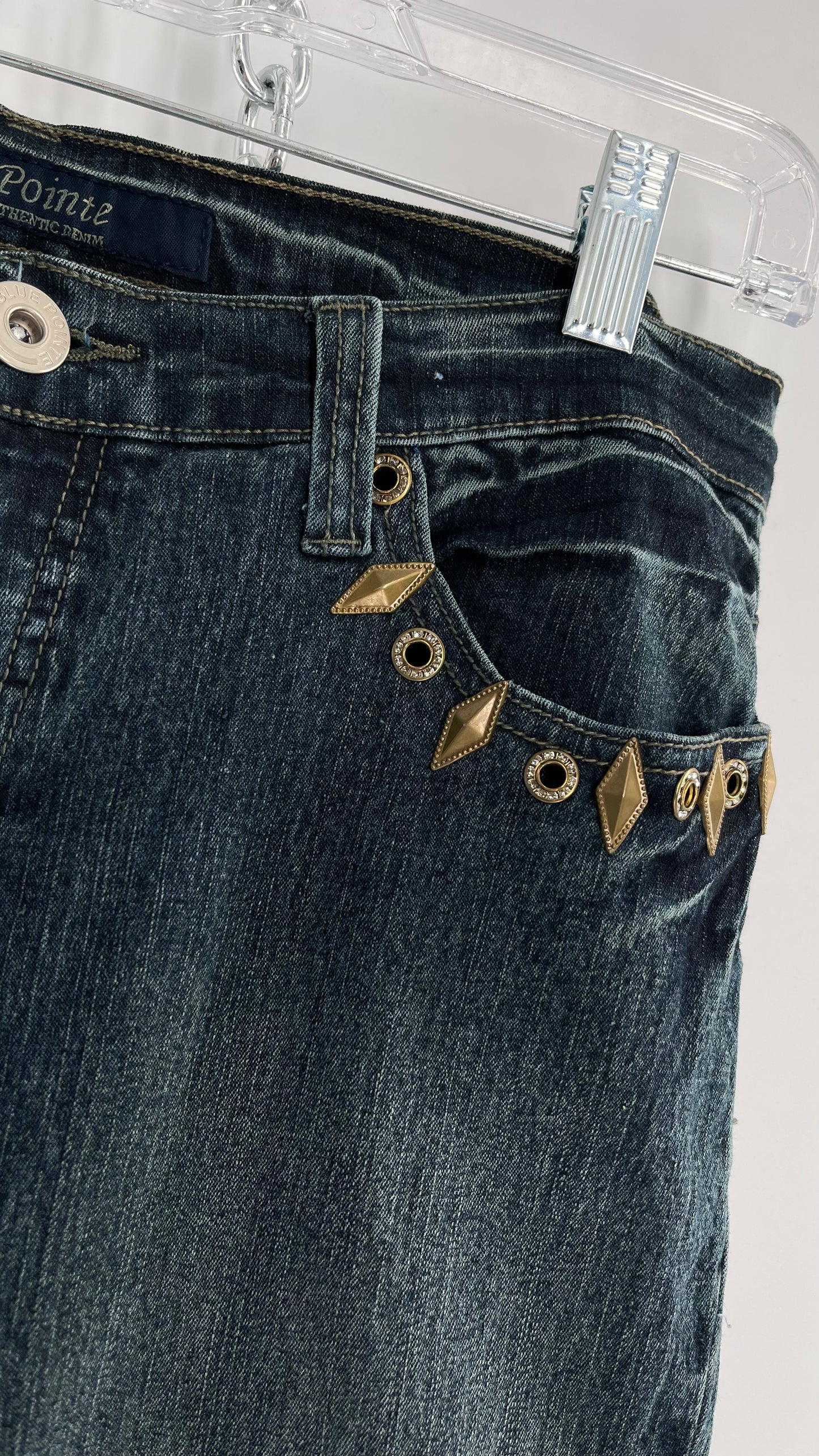 Vintage Blue Pointe Kickflare Medium Wash Jeans with Gold Rhinestone Metal Jewels (13)