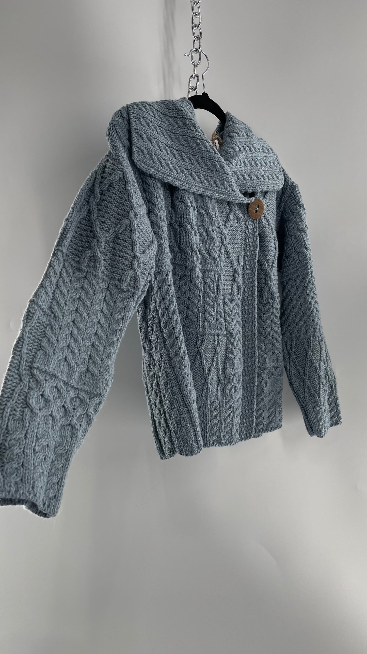 Authentic Irish Aran Sweater Market Slate Blue Aran Stitch Sweater with Oversized Wooden Button Detail and Certificate of Authenticity (Small)