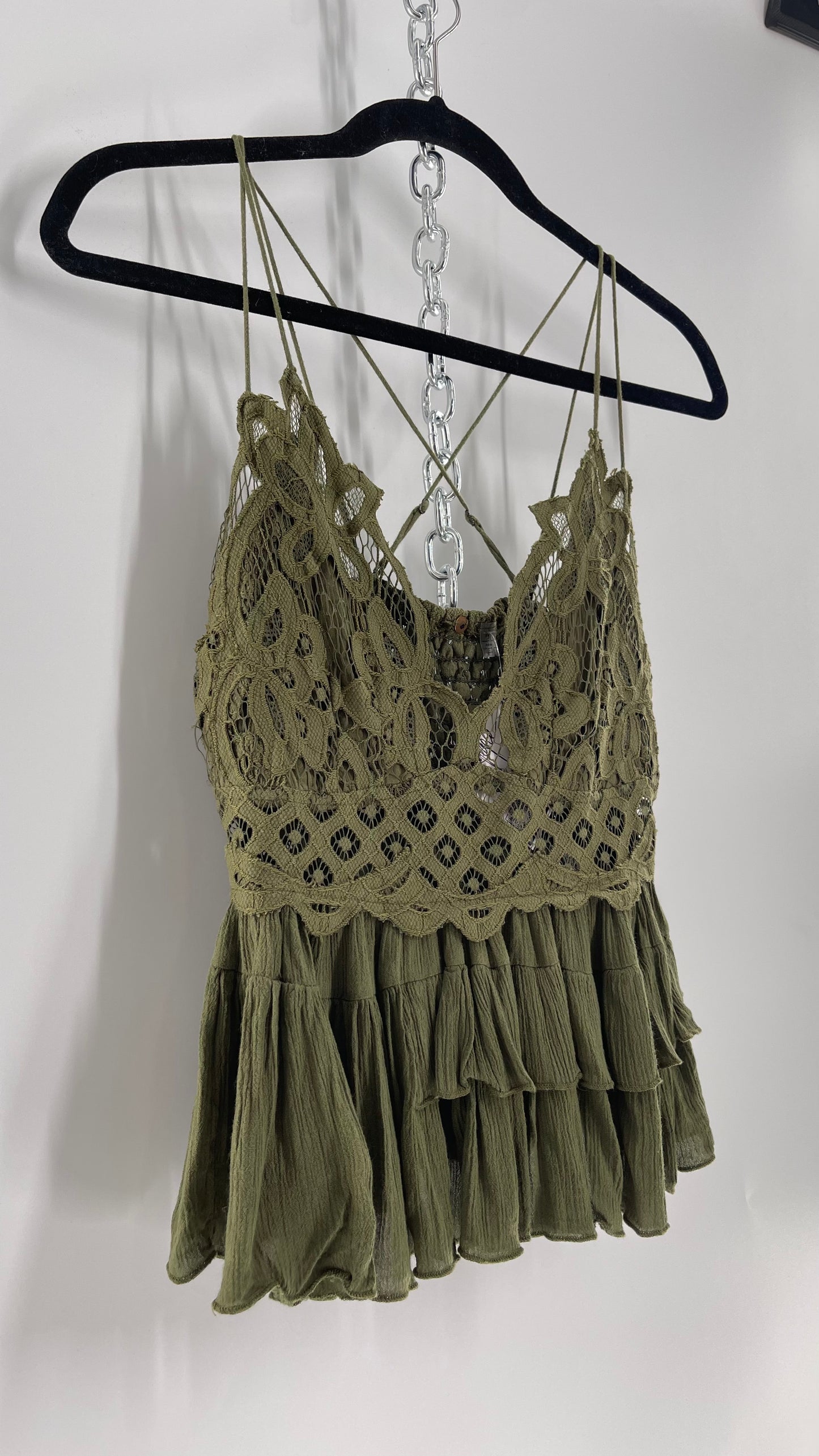 Free People Army Green Lace Bralette Top with Ruffled Hem (Large)