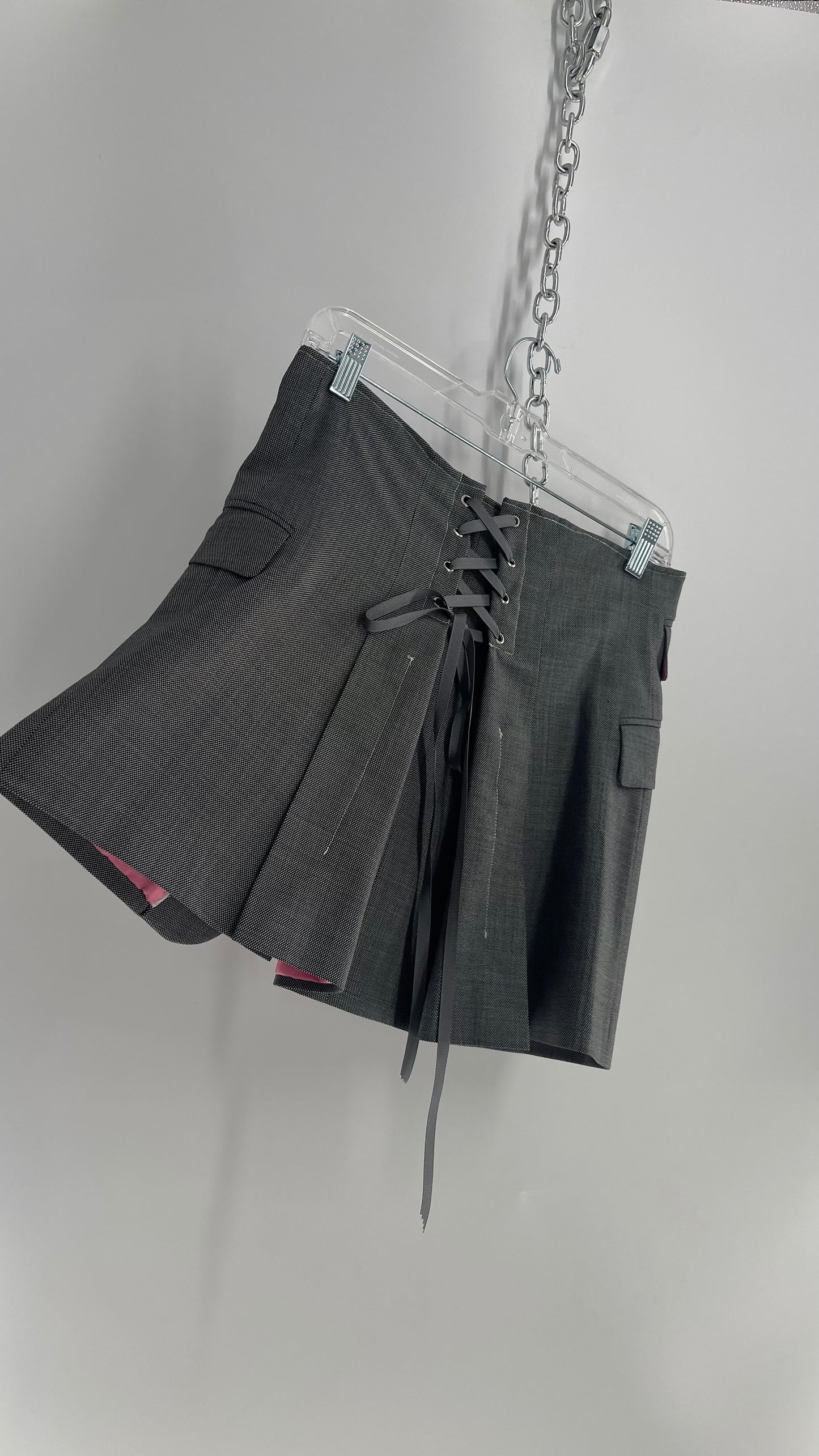 Custom Handmade Gray 2Piece Suit Set with Pink Satin Lining, Cropped Blazer, and Corseted Skirt (S-L)