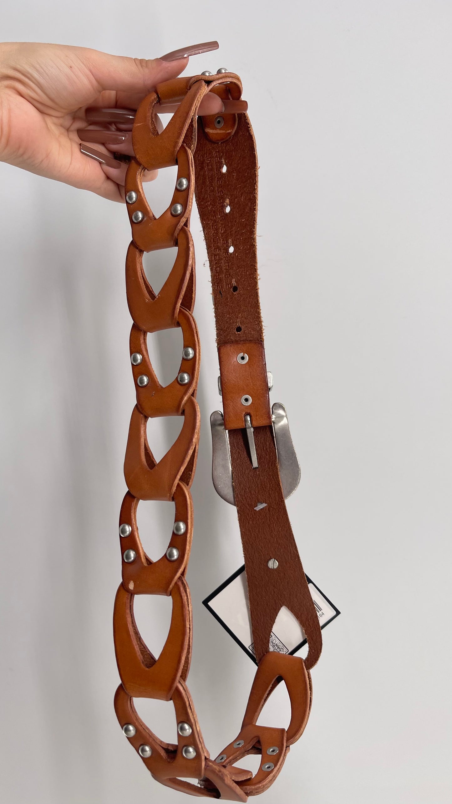 Free People Leather Link Belt with Western Buckle and Silver Studs (S/M)