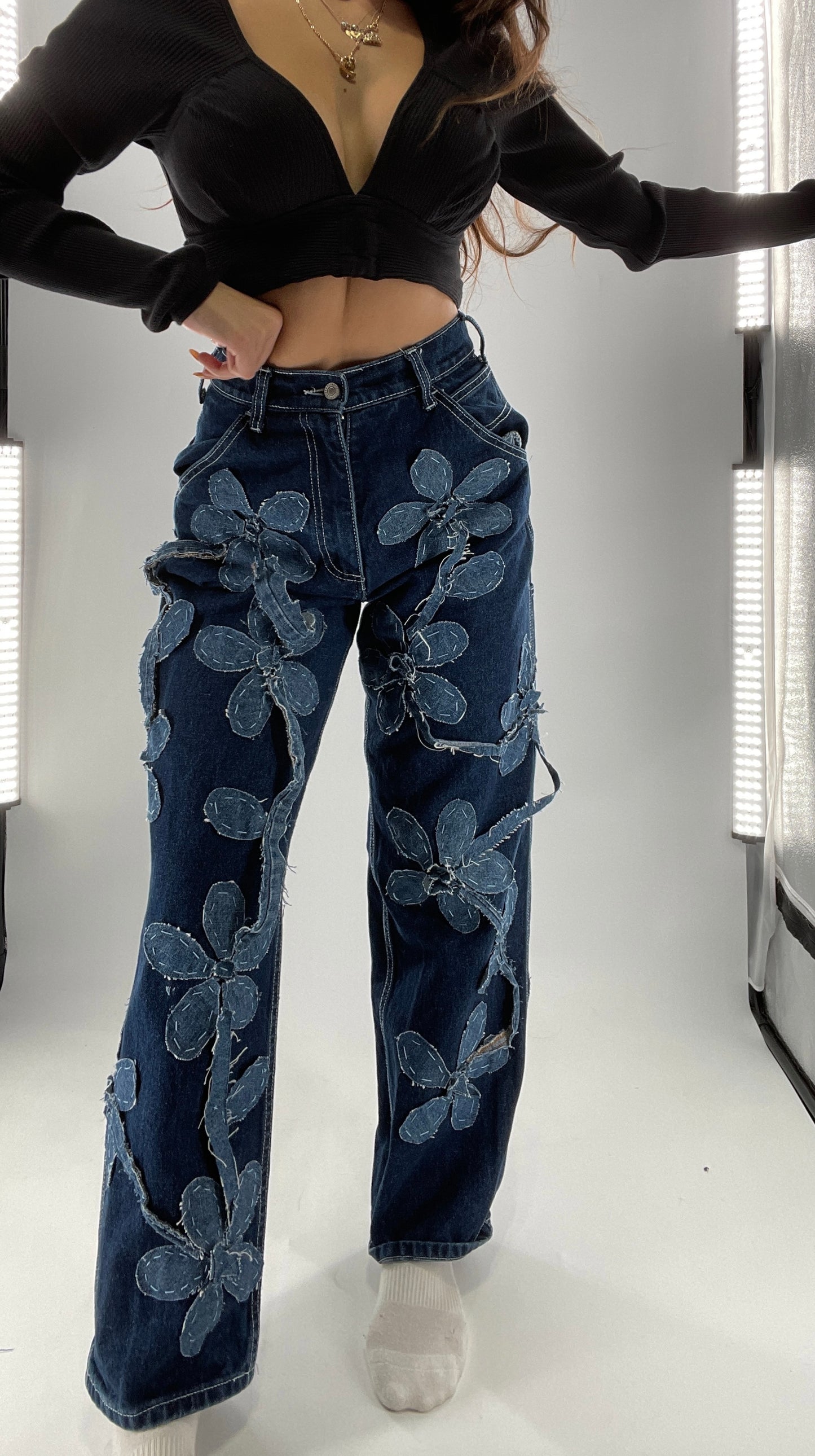 Handmade CUSTOM Dual Denim Tone Floral Vine Cargo Denims (S)