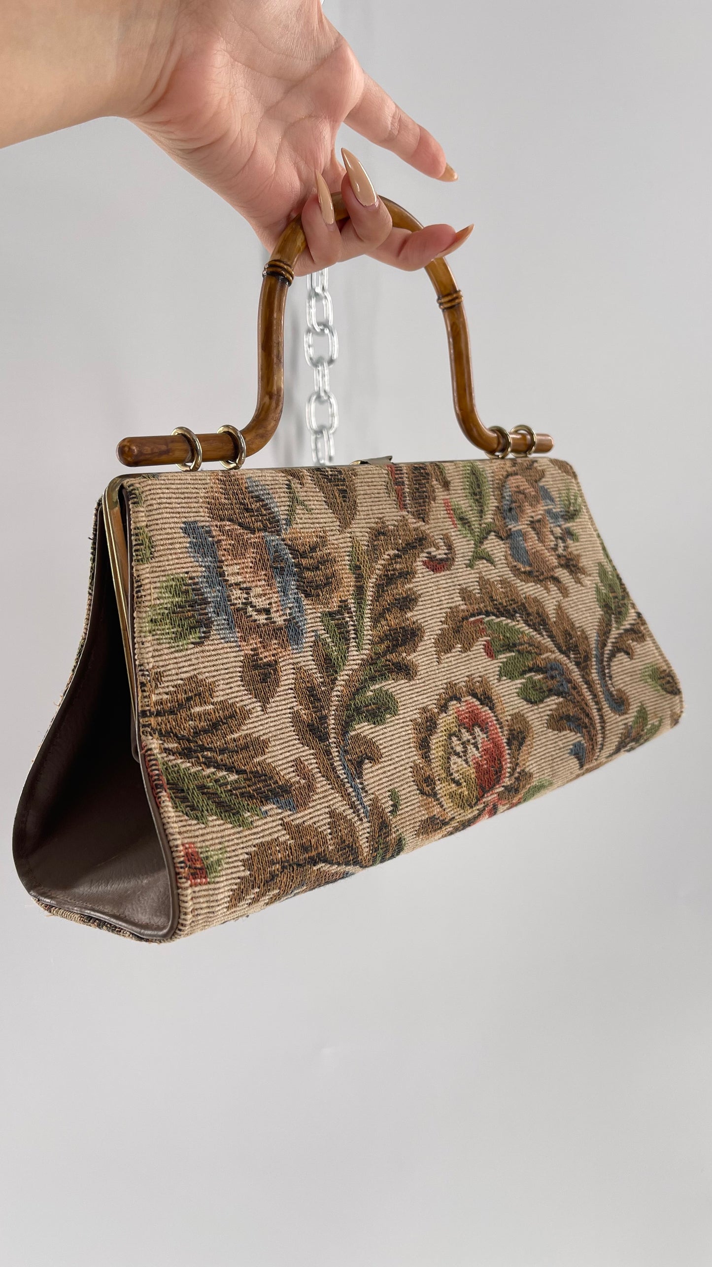 Vintage Tapestry Bag with Bronze Metal Clasp and Bamboo Handle