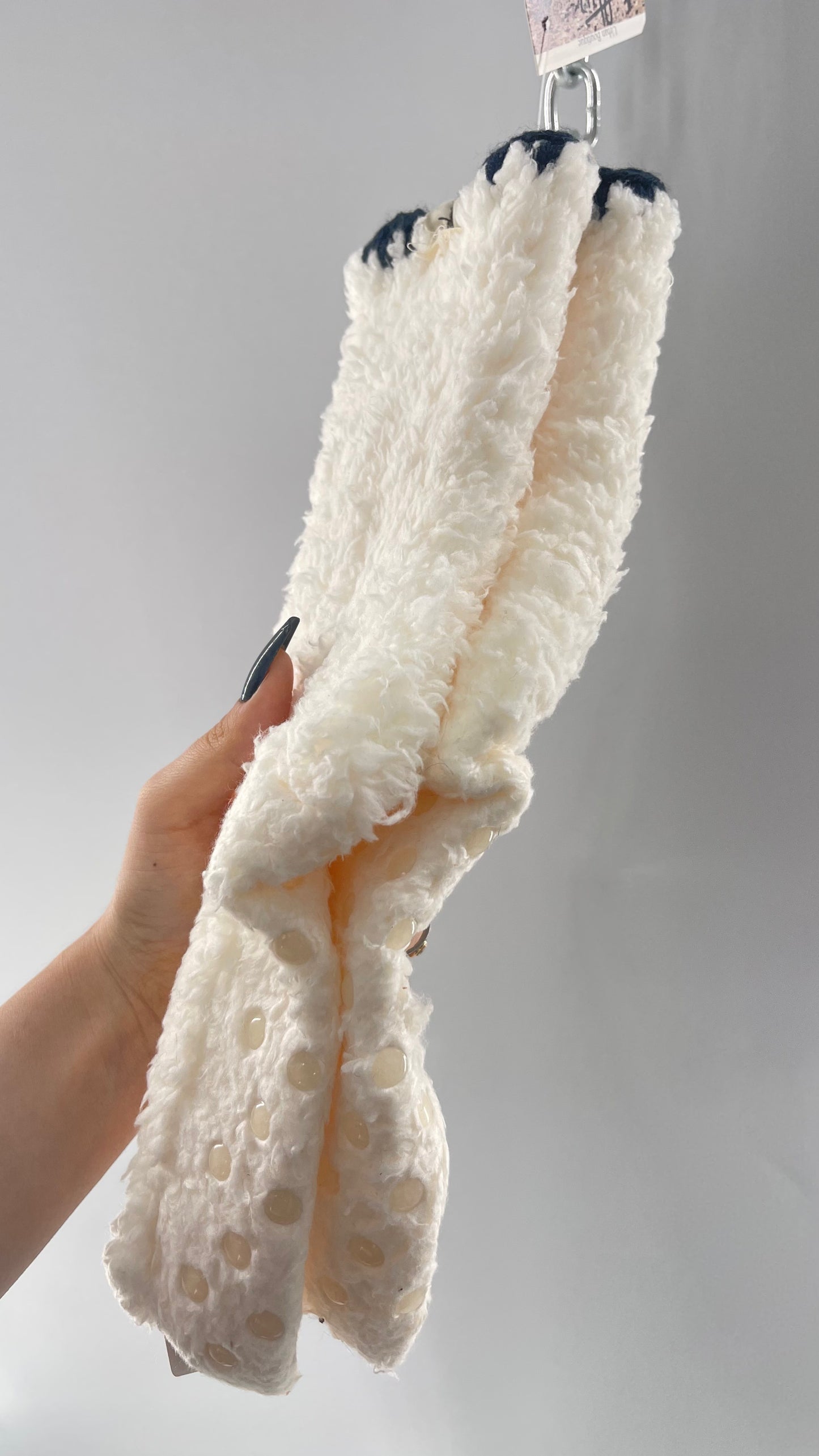 Free People White Fluffy Socks with Sole Grips with Black Stitched Detail on the Ankle