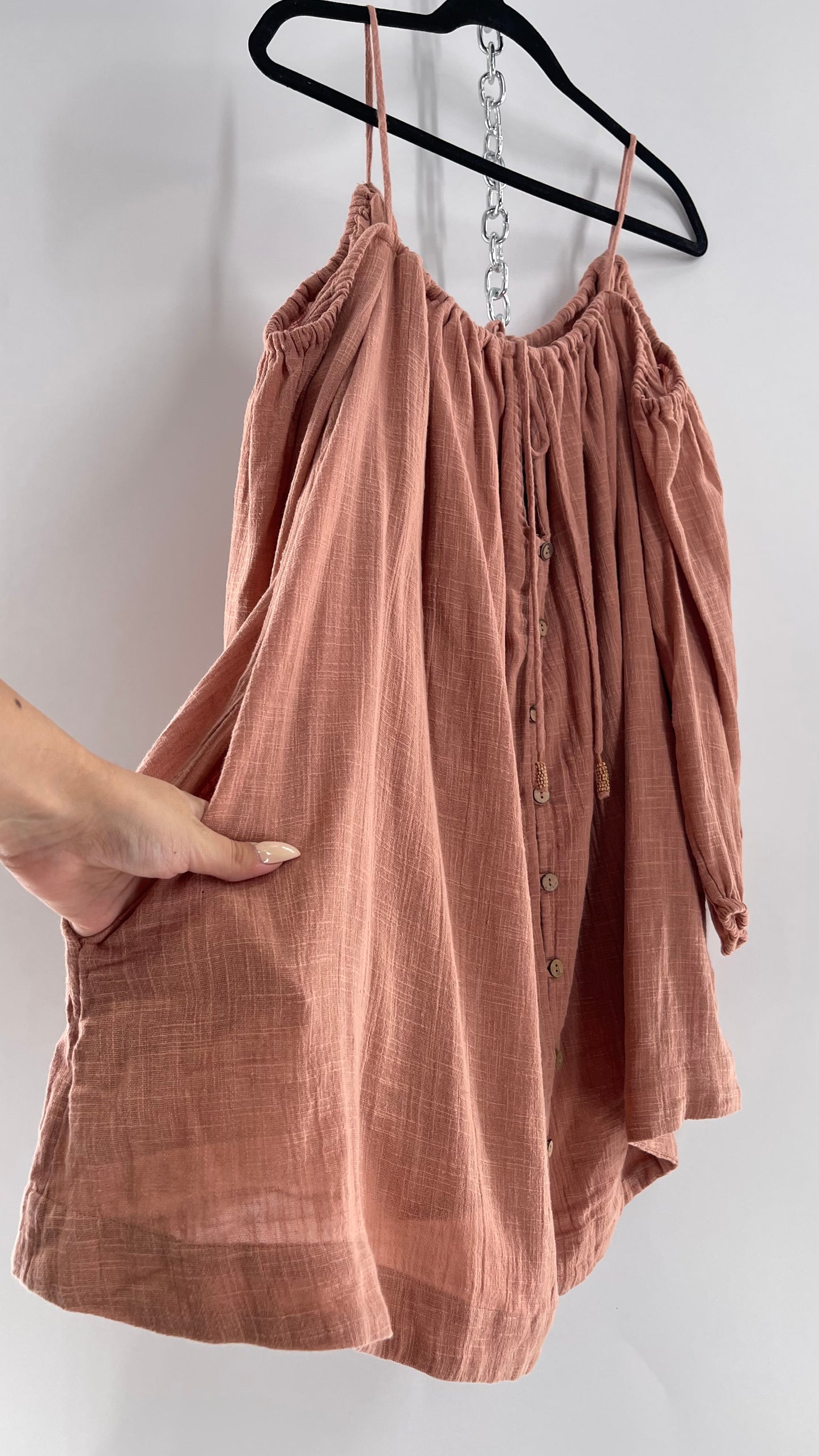 Free People Cotton Blush Pink Button Front Cold Shoulder Dress (Medium)