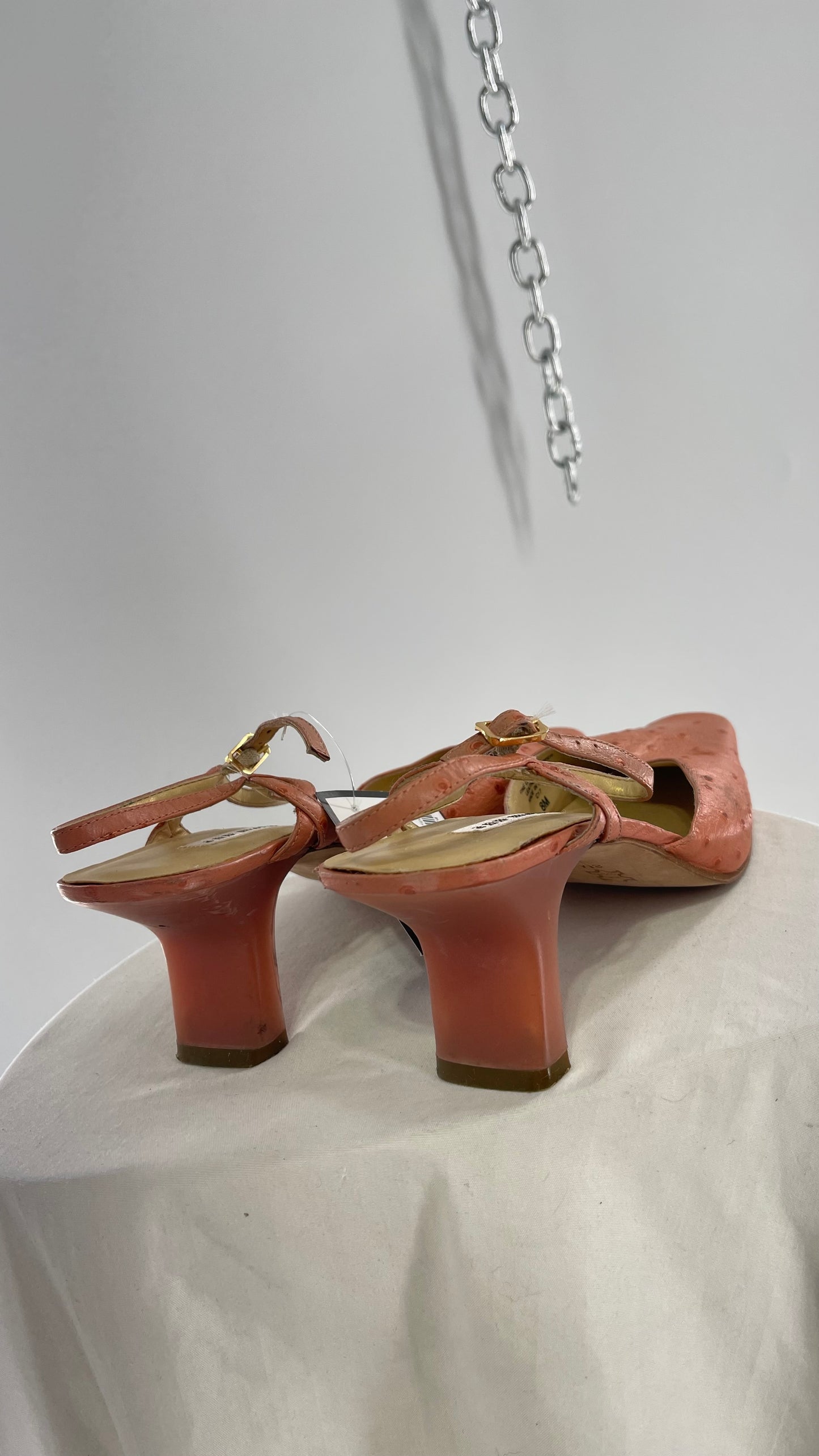 Vintage 1990s Ann Marino Pink Peach Genuine Leather Sling Back Pointed Square Toe Kitten Heel (8)