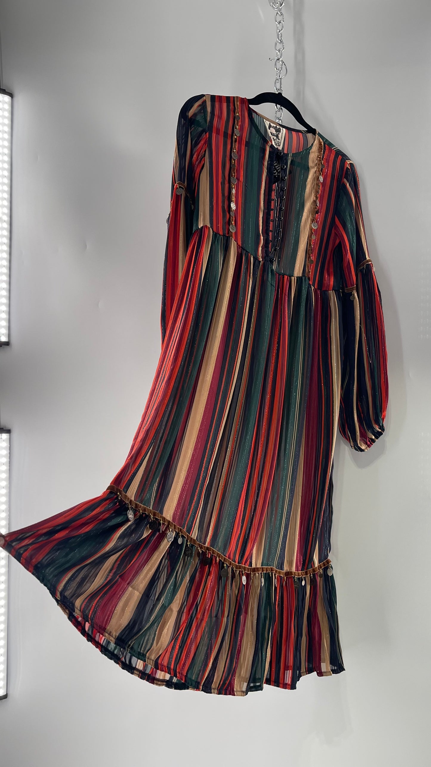 JAASE Striped MIDI Dress with Ruffled Hem, Coin Detailing, Dramatic Button Front Dress (XS)