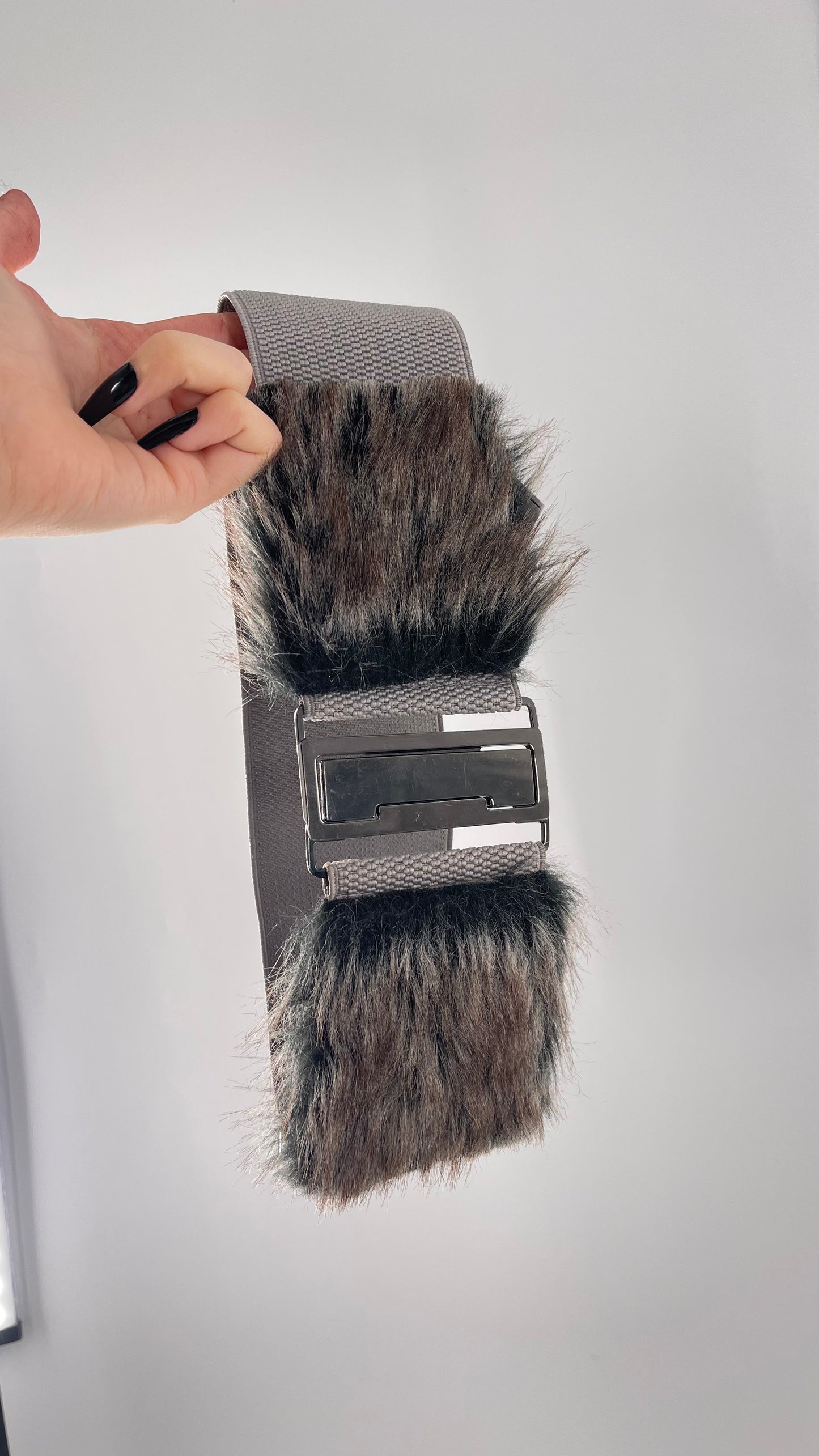 Urban Outfitters Gray Stretchy Waist Belt with Faux Fur Trim Detail and Metal Clasp