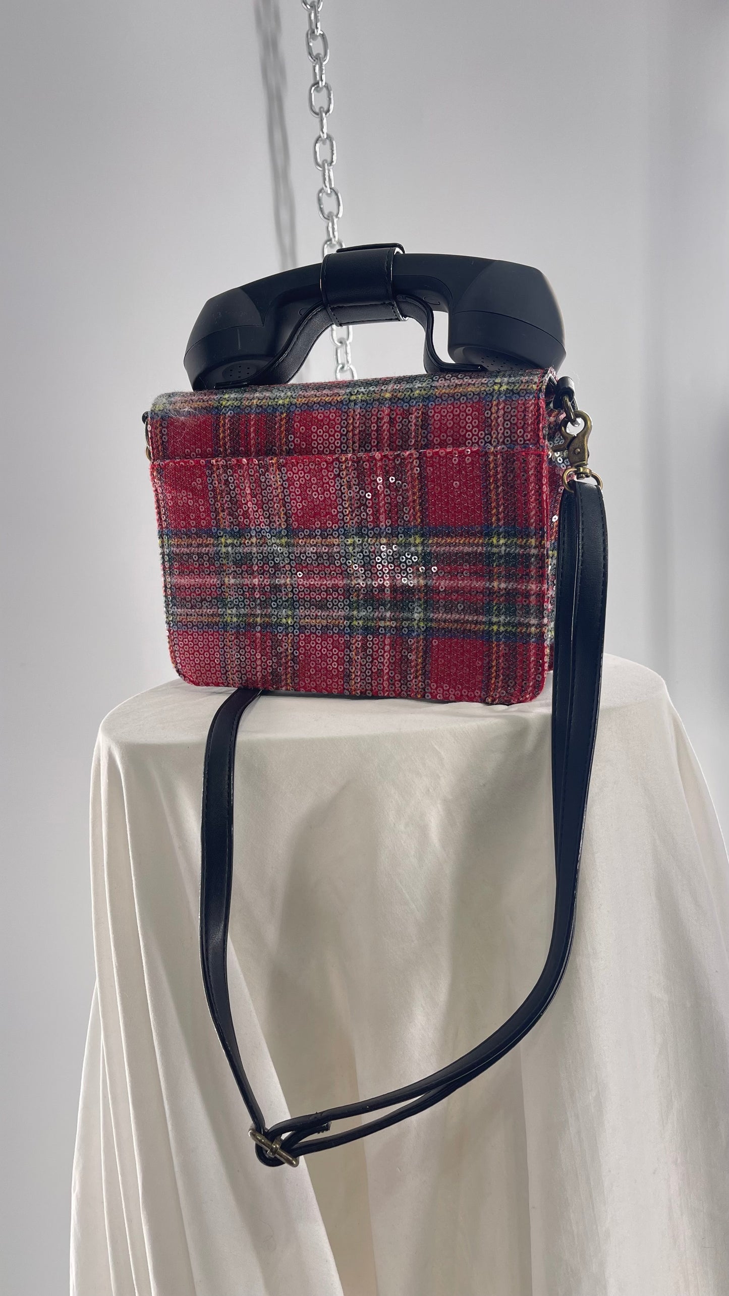 Rare Deadstock Vintage Betsy Johnson Red Plaid Telephone Sequin Bag with Wiring to connect to Phone