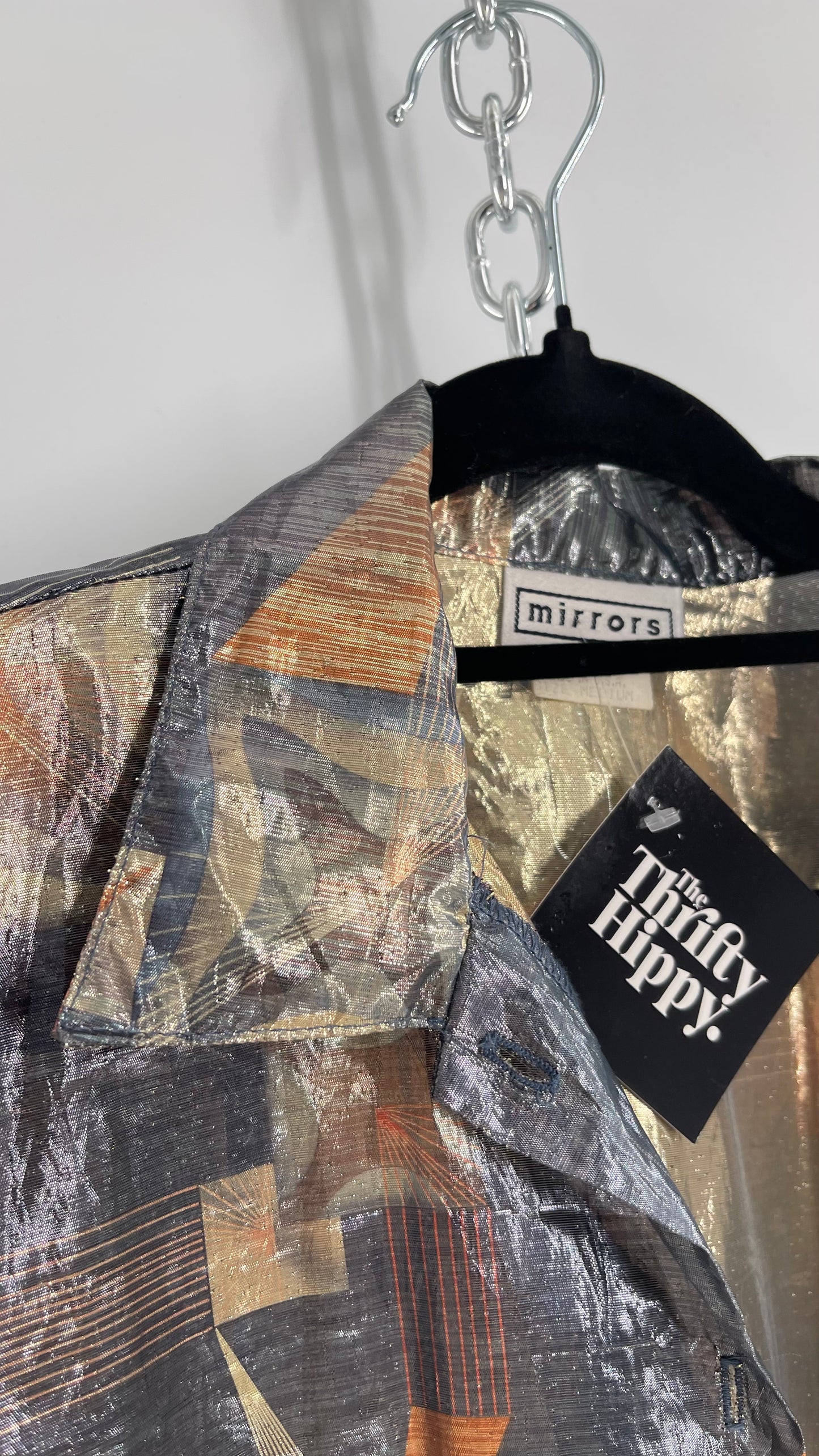 Vintage 1980s Mirrors Mixed Metal Metallic Button Up Blouse (Medium)