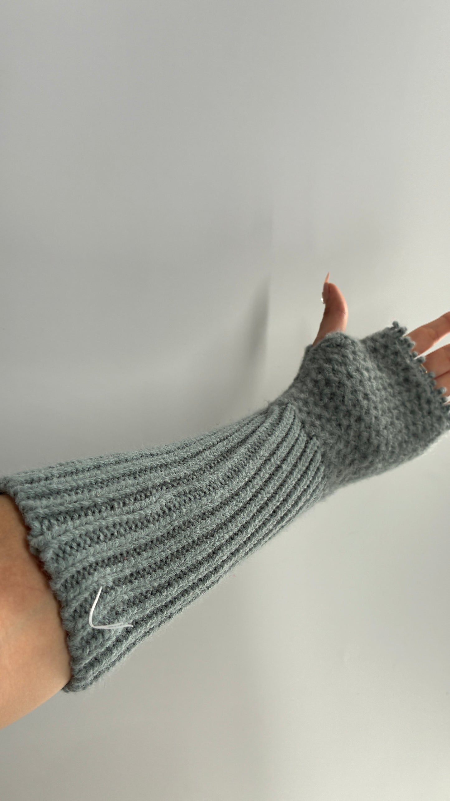 Free People Distressed Grey Blue Distressed Knit Fingerless Arm Warmer Gloves