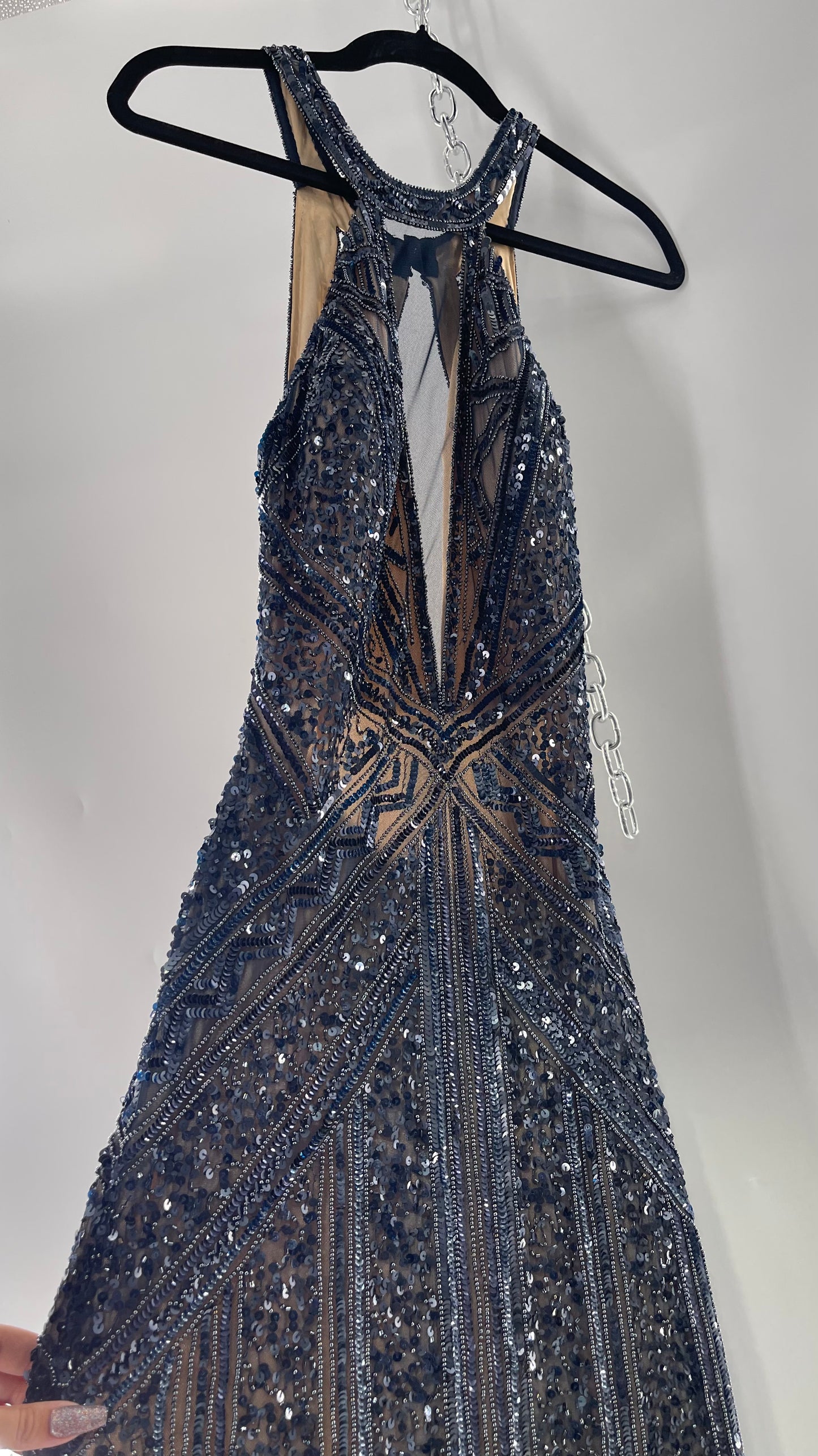 Vintage SCALA Navy Blue Beaded Floor Length Gown with Plunging Neckline, Backless Detail, and Tan Underlay (C)(4)