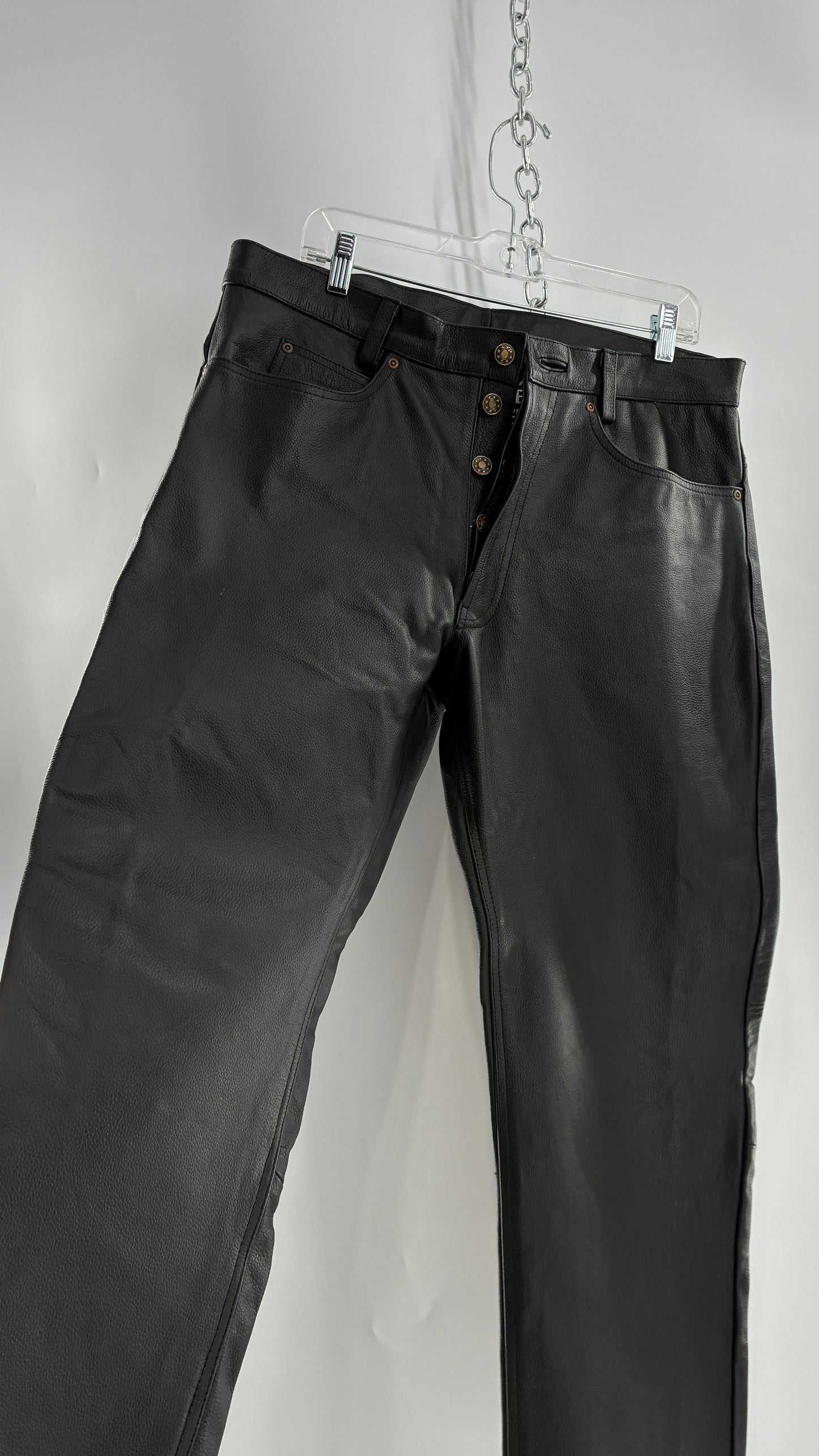 Vintage Button Front, French, Black, Thick Genuine Leather Pants (36)