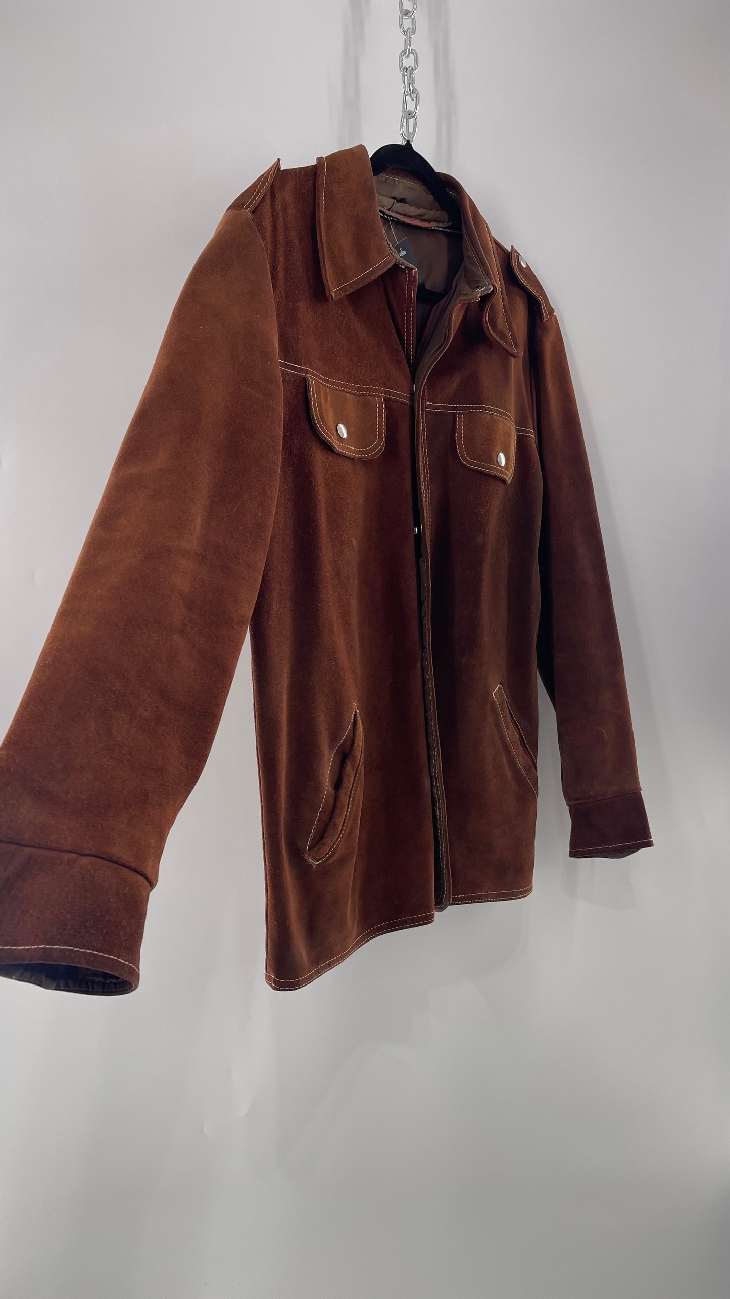 Vintage Brown Suede Jacket with Contrast White Stitching (C)(Large)