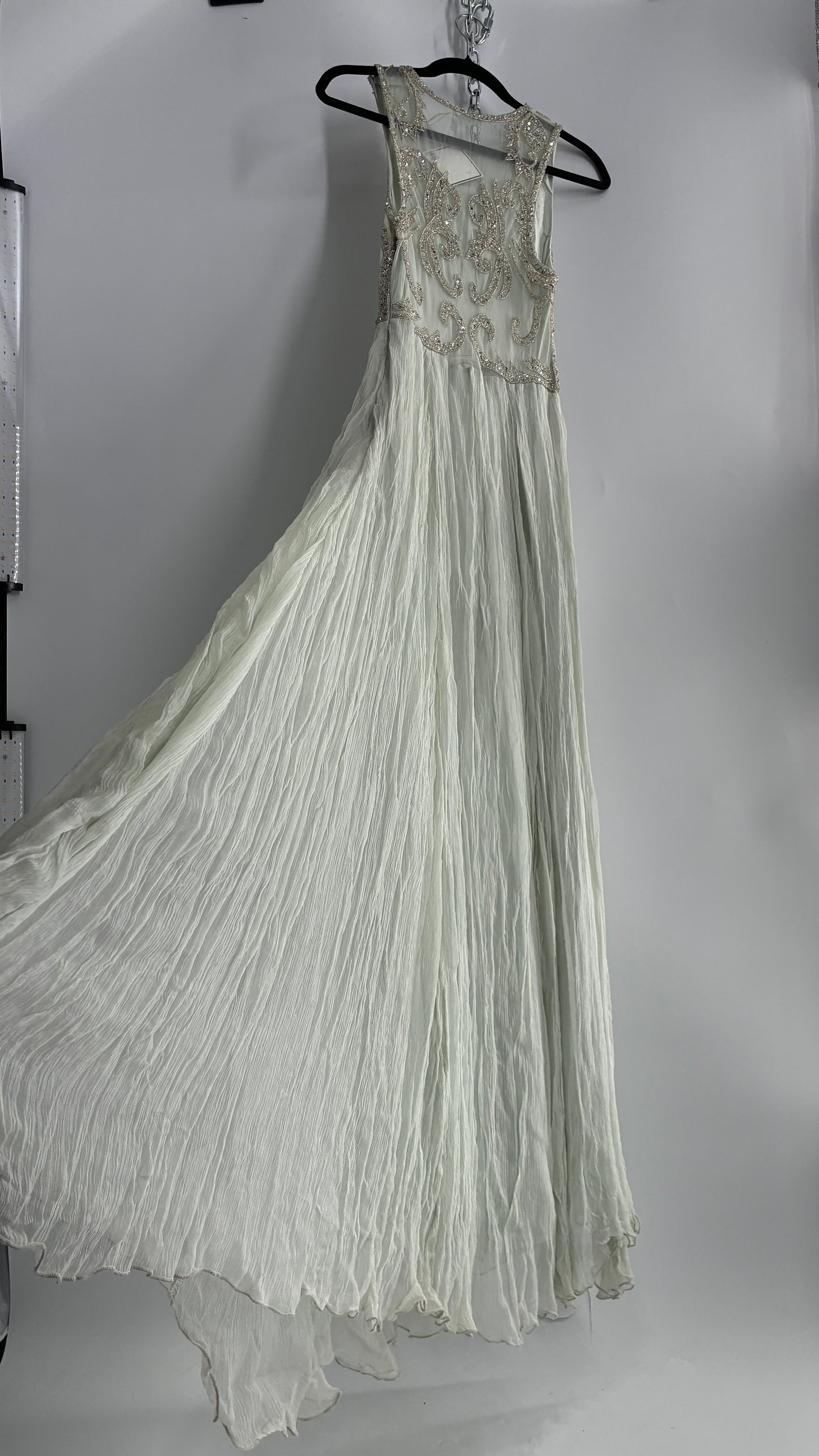 KIMCHI BLUE Light Greyish Seafoam Green Crimped Gown with Beaded Bodice and Sheer Back (2)