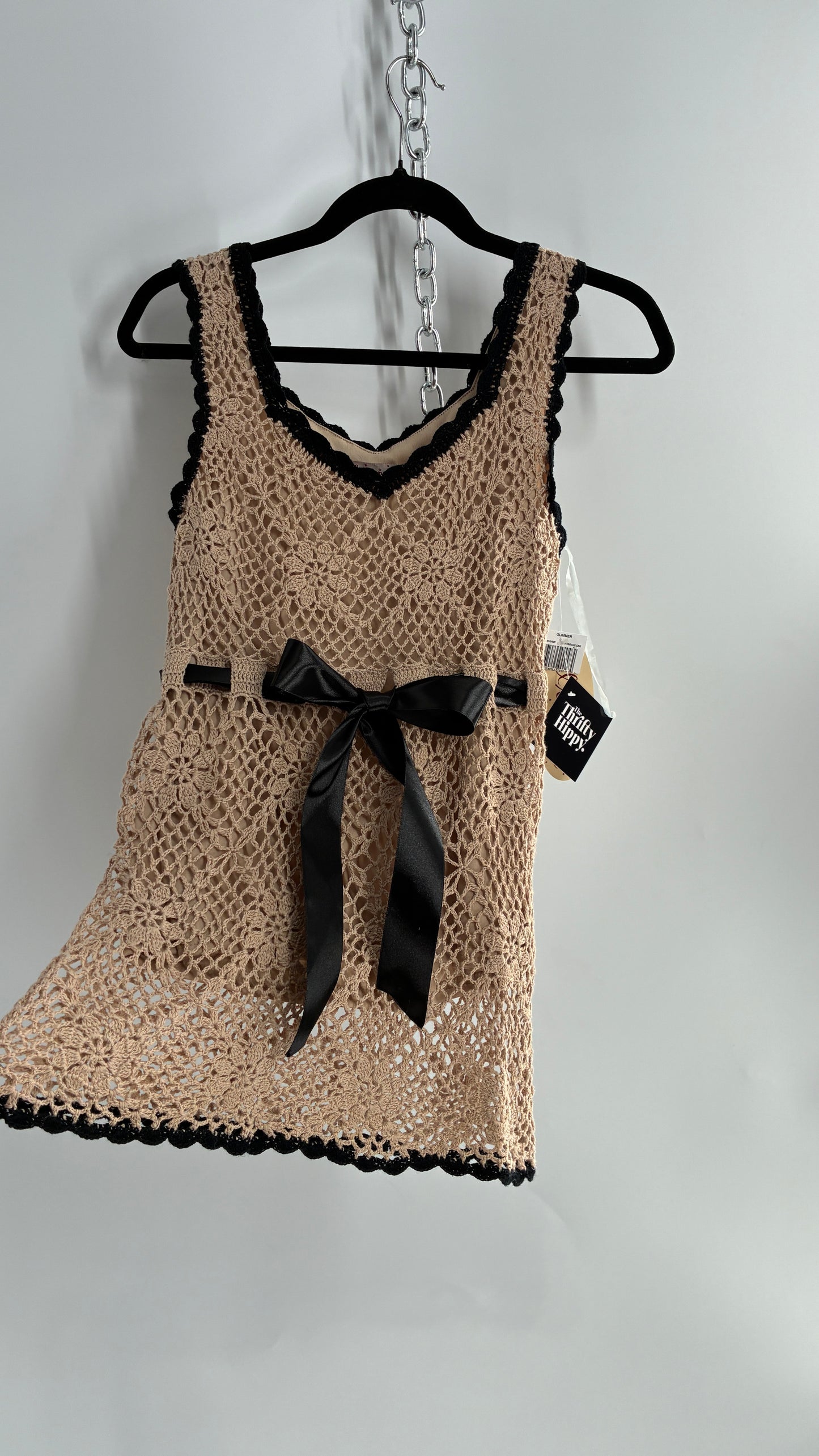 Deadstock Vintage GLIMMER Crochet Black Trim Long Tank with Black Satin Ribbon (Large)