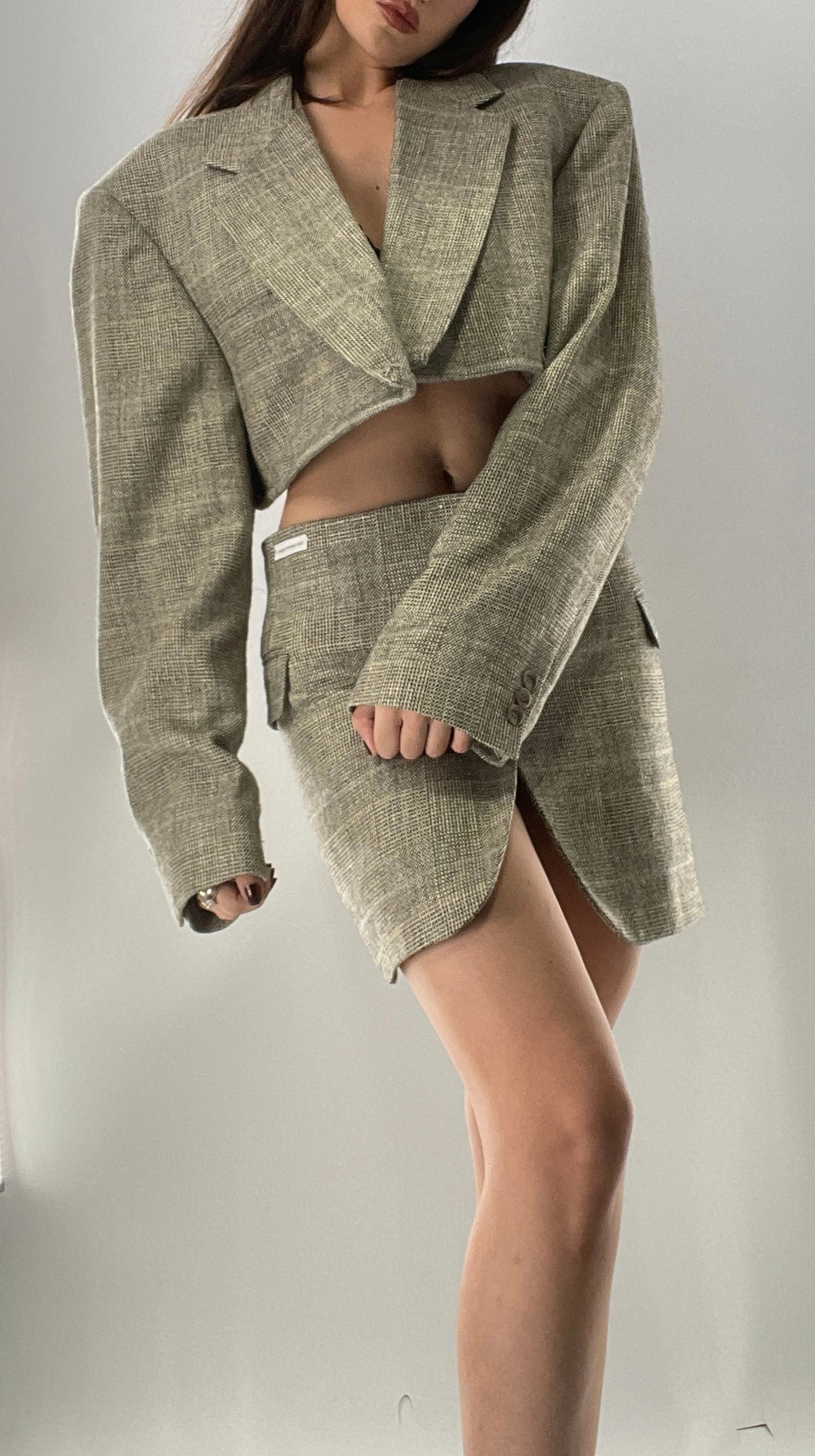 Vintage HAGGAR Handmade Upcycled Suit Set: 70% Wool Grey Blazer and Mini Skirt