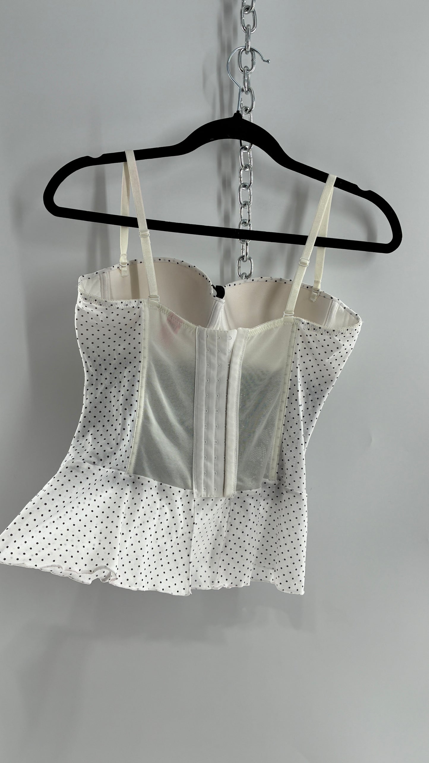 Vintage Black and White Polka Dotted Bustier Babydoll with Lace Bodice Detailing (Medium)