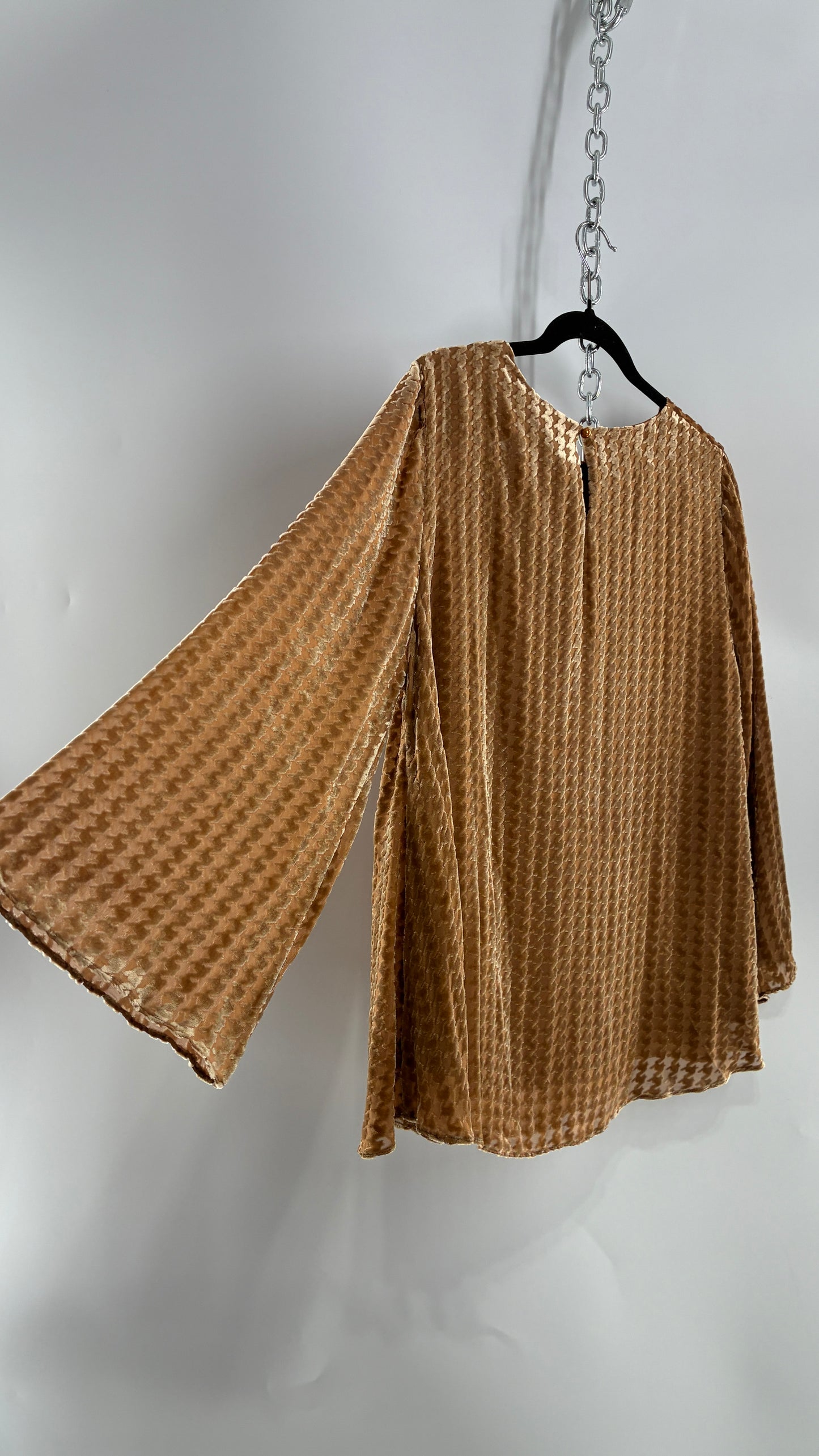 JESSIE LIU Lainey Bell Sleeve Burn Out Effect Silk Blouse (XL)
