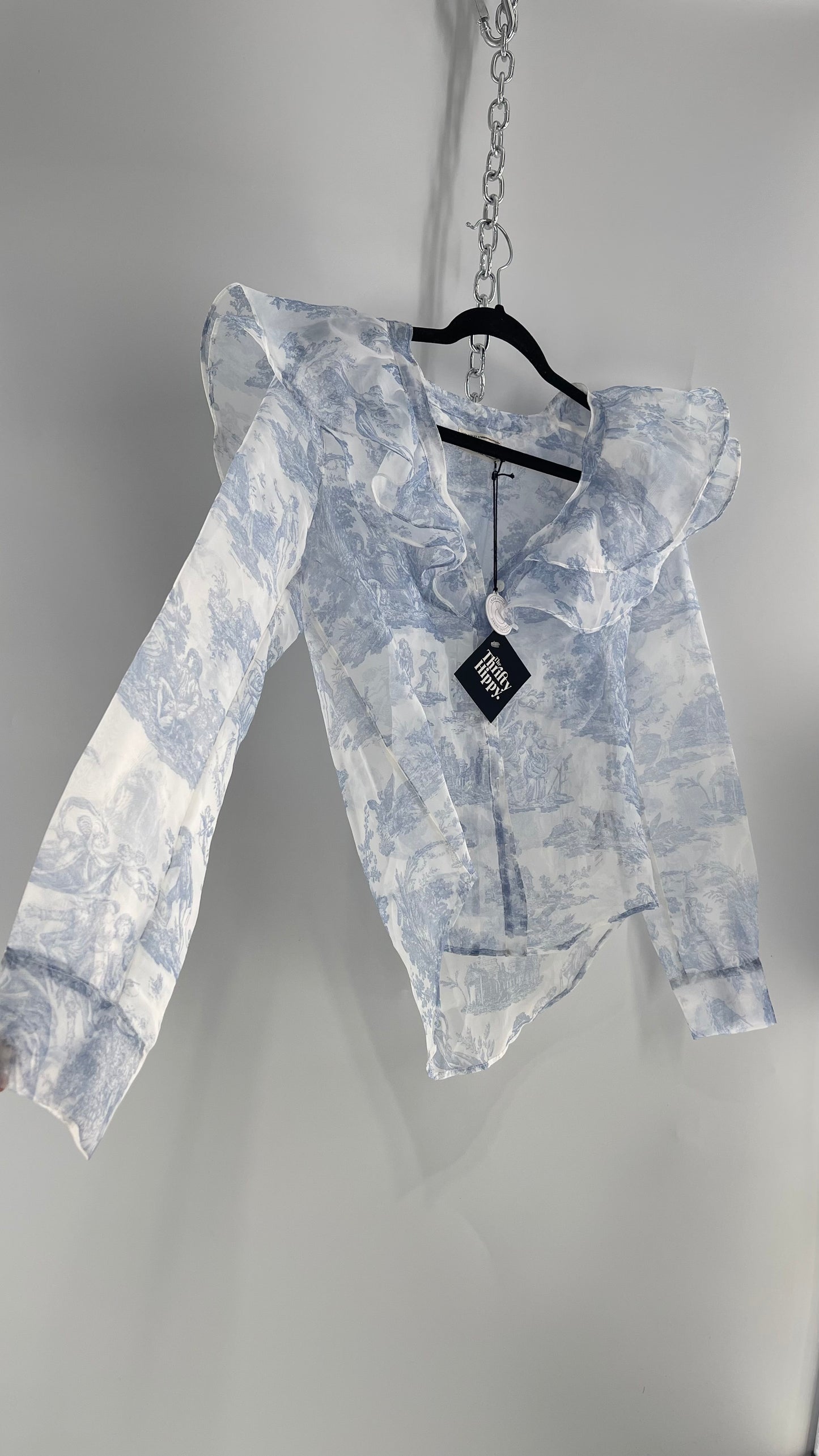 Laura Ashley Urban Outfitters Voile Sheer Ruffled Shoulder Button Up with Blue Vintage Print (XS)