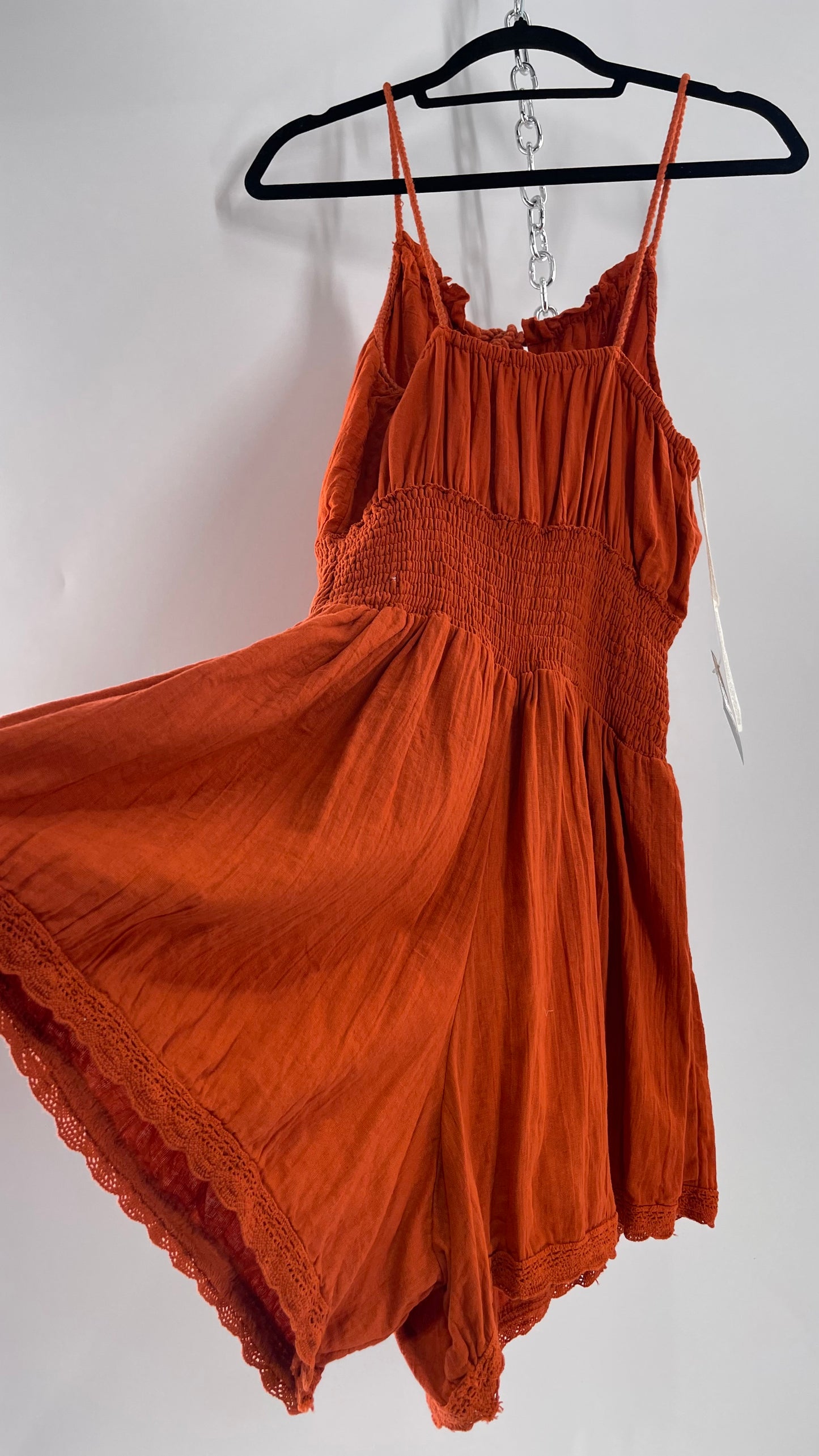 Free People Burnt Orange Smocked Pointed Waistline, Open Bust Jen’s Pirate Booty Romper Tags Attached 100% Cotton(XL)
