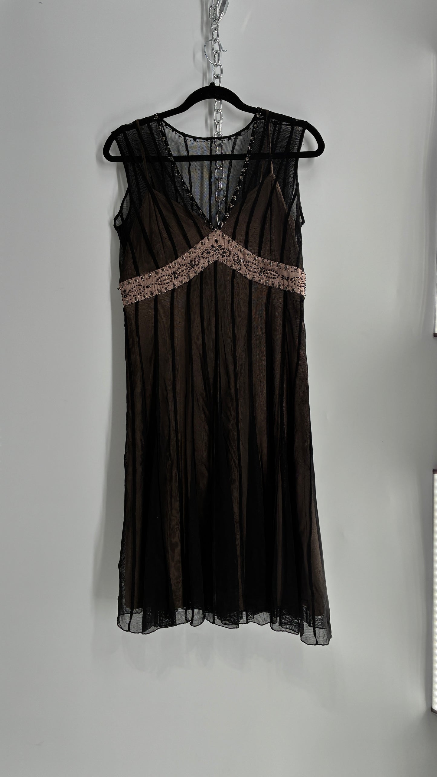 ECI NEW YORK Nude Camisole Dress with Black Mesh Overlay and Beaded Details (8)