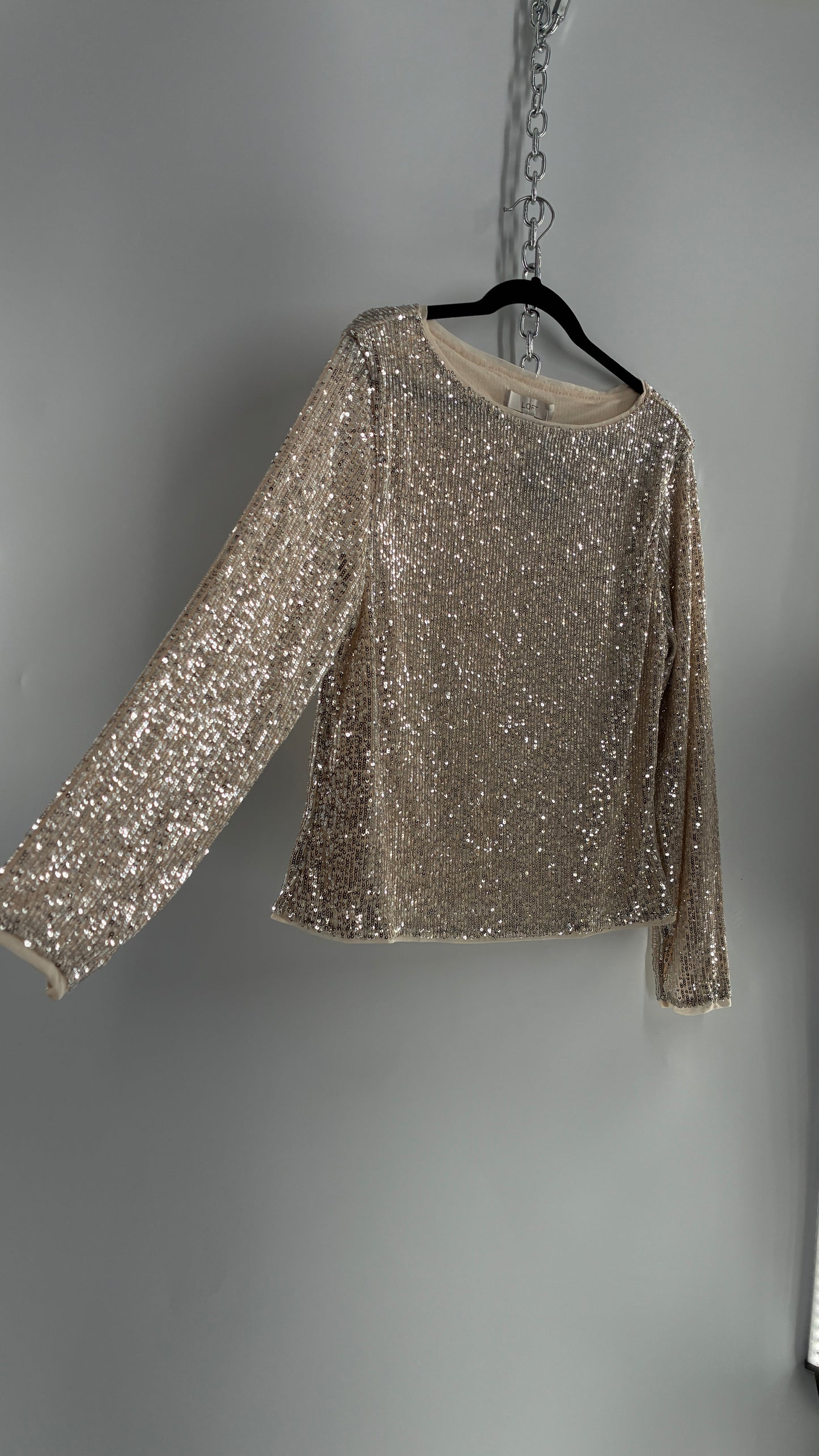 LOFT LOFT Champagne Sequin Long Sleeve Blouse with Tags Attached (XL)