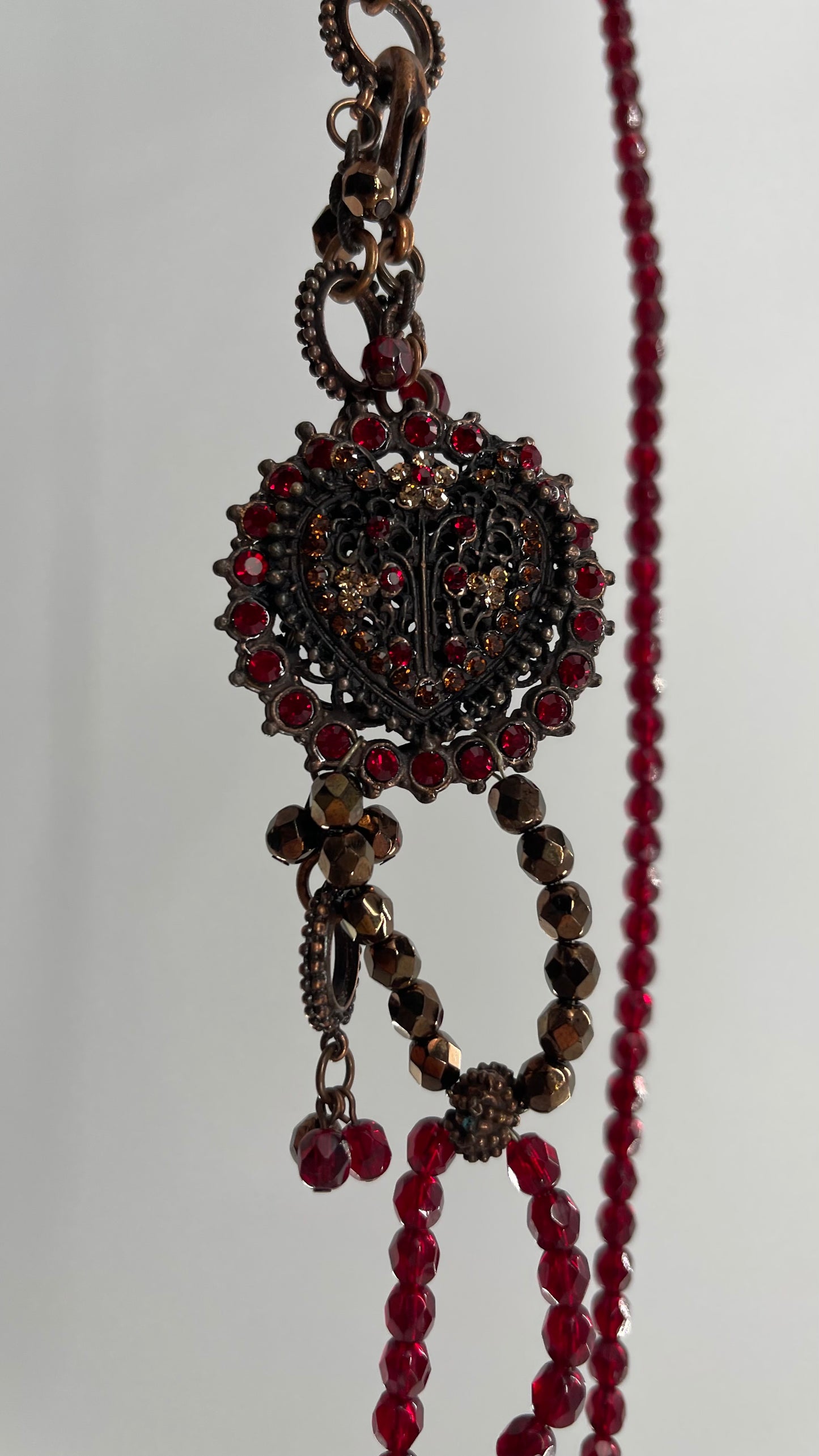 Vintage Crimson Red, BeadedWaist Chain Belt with Stone and Embossed Medallion Details