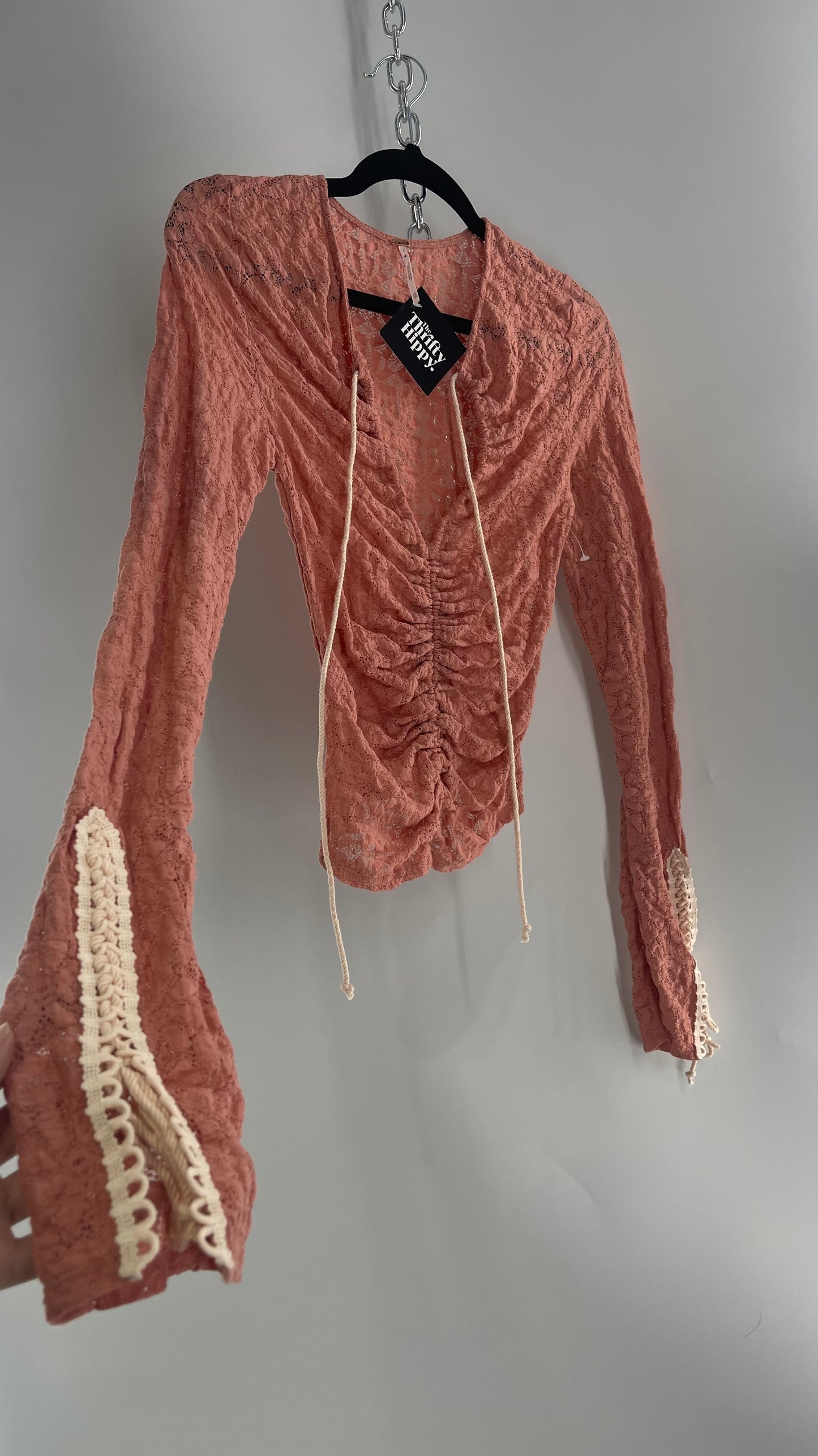 Free People Pink Lace Long Sleeve with Beige Lace Up Sleeve Detail (XS)