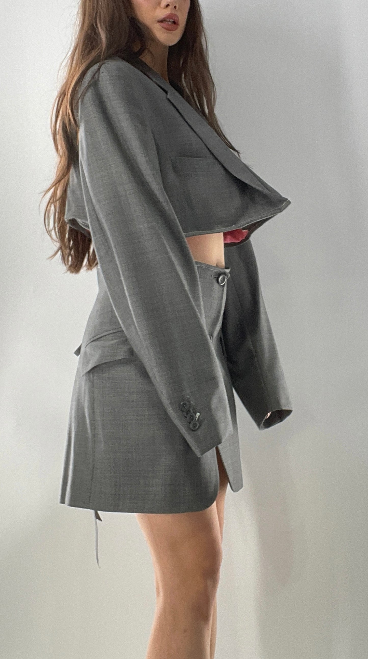 Custom Handmade Gray 2Piece Suit Set with Pink Satin Lining, Cropped Blazer, and Corseted Skirt (S-L)