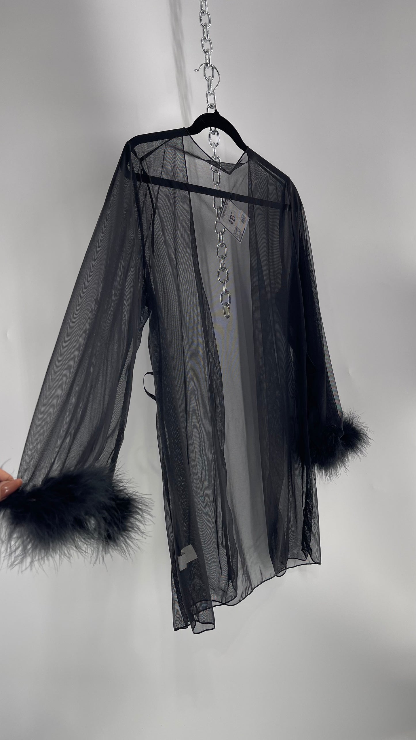 Black Mesh Long Sleeve Toss On with Feather Cuffs (Medium)