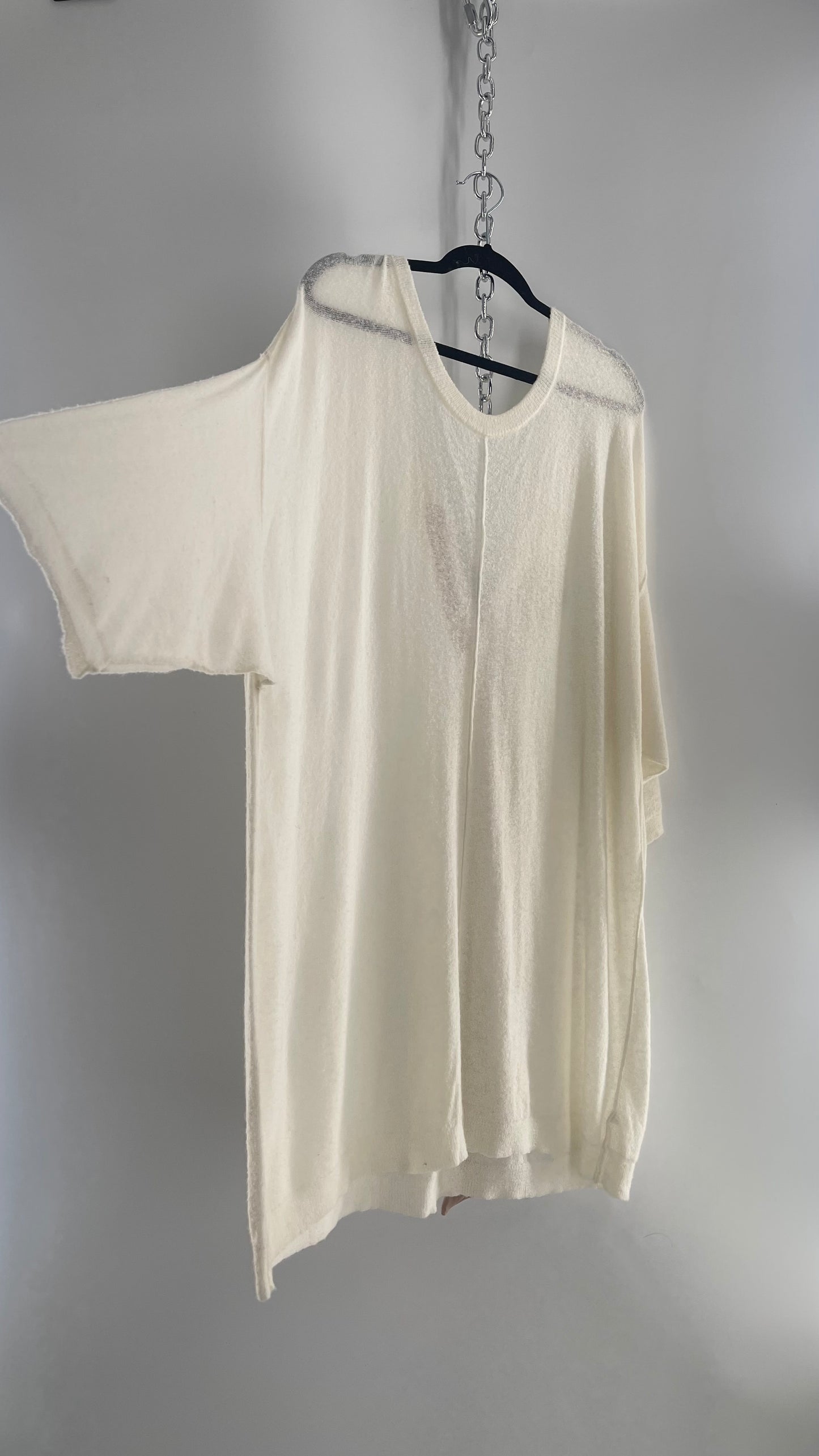 Free People Off White Thin Knit Cozy Sweater Dress with Open Back and Dusty Rose Ribbon (L)