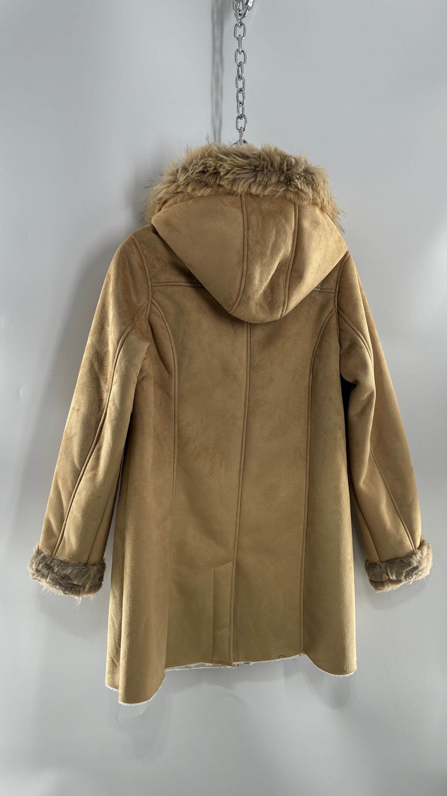 Deadstock Vintage MONROE AND MAIN Vegan Suede Coat with Fur Cuffs and Hood, Tags Attached (Medium)