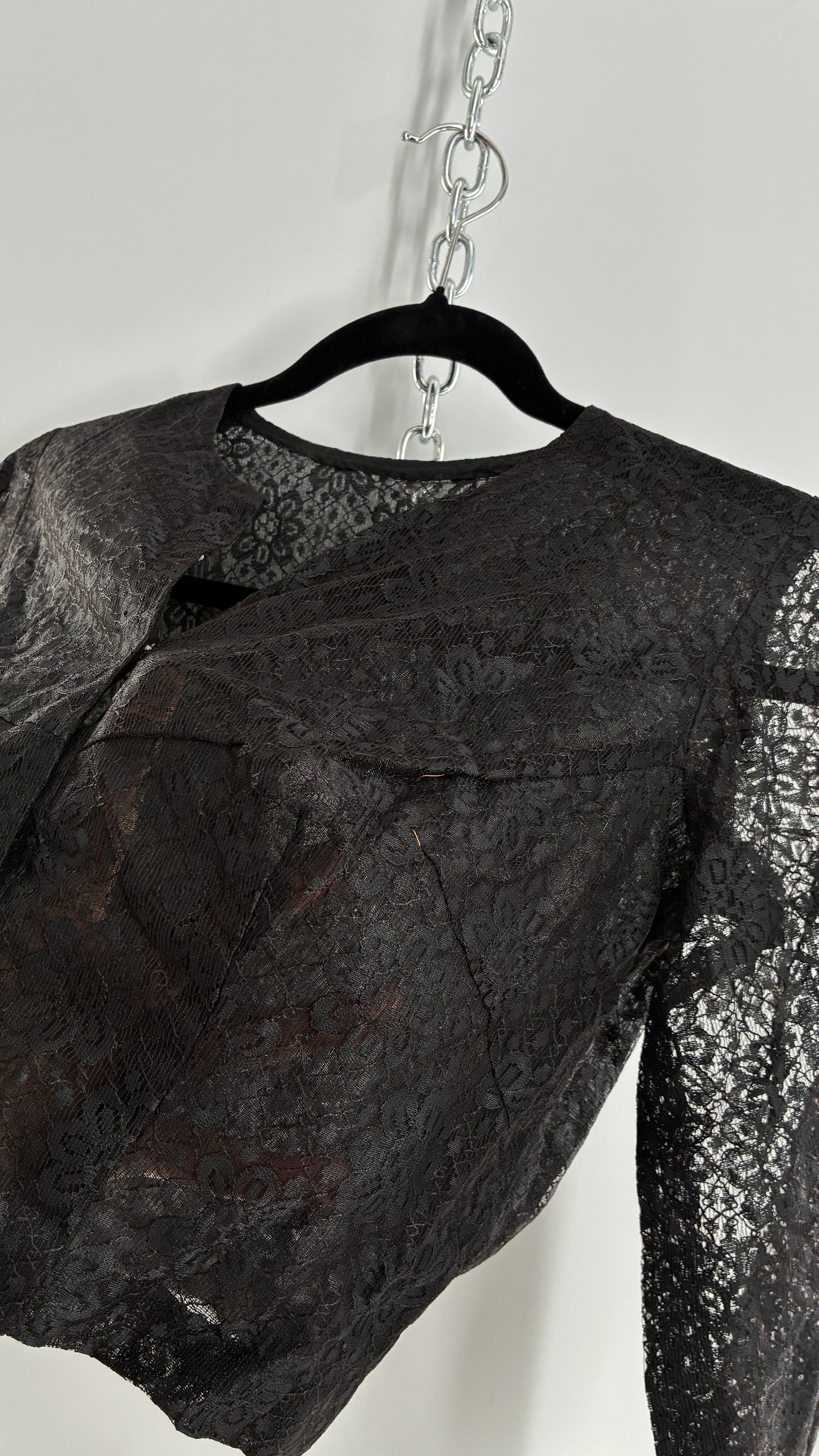 Vintage 1950s Ladies Own Black Lace Cropped Long Sleeve with Bust Stitching (Small)