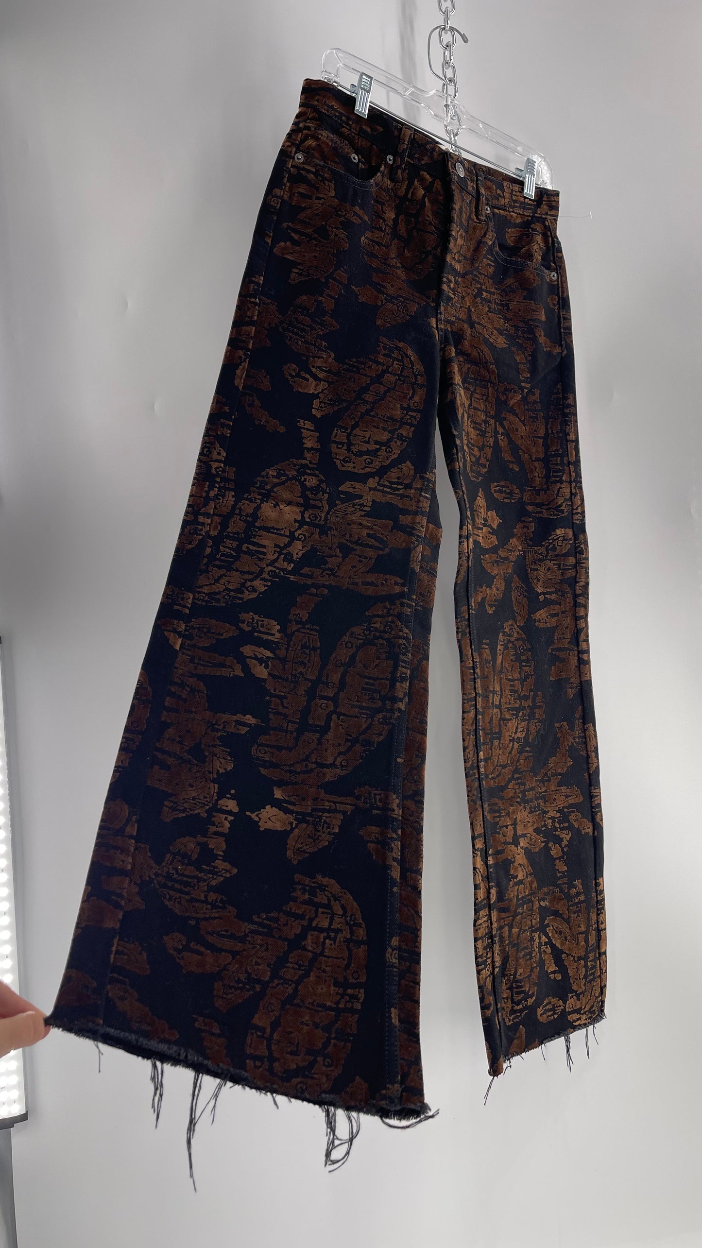 Free People Black/Brown Velvet Texture Graphic Straight Legs with Raw Edge Hem and Tags Attached (28)