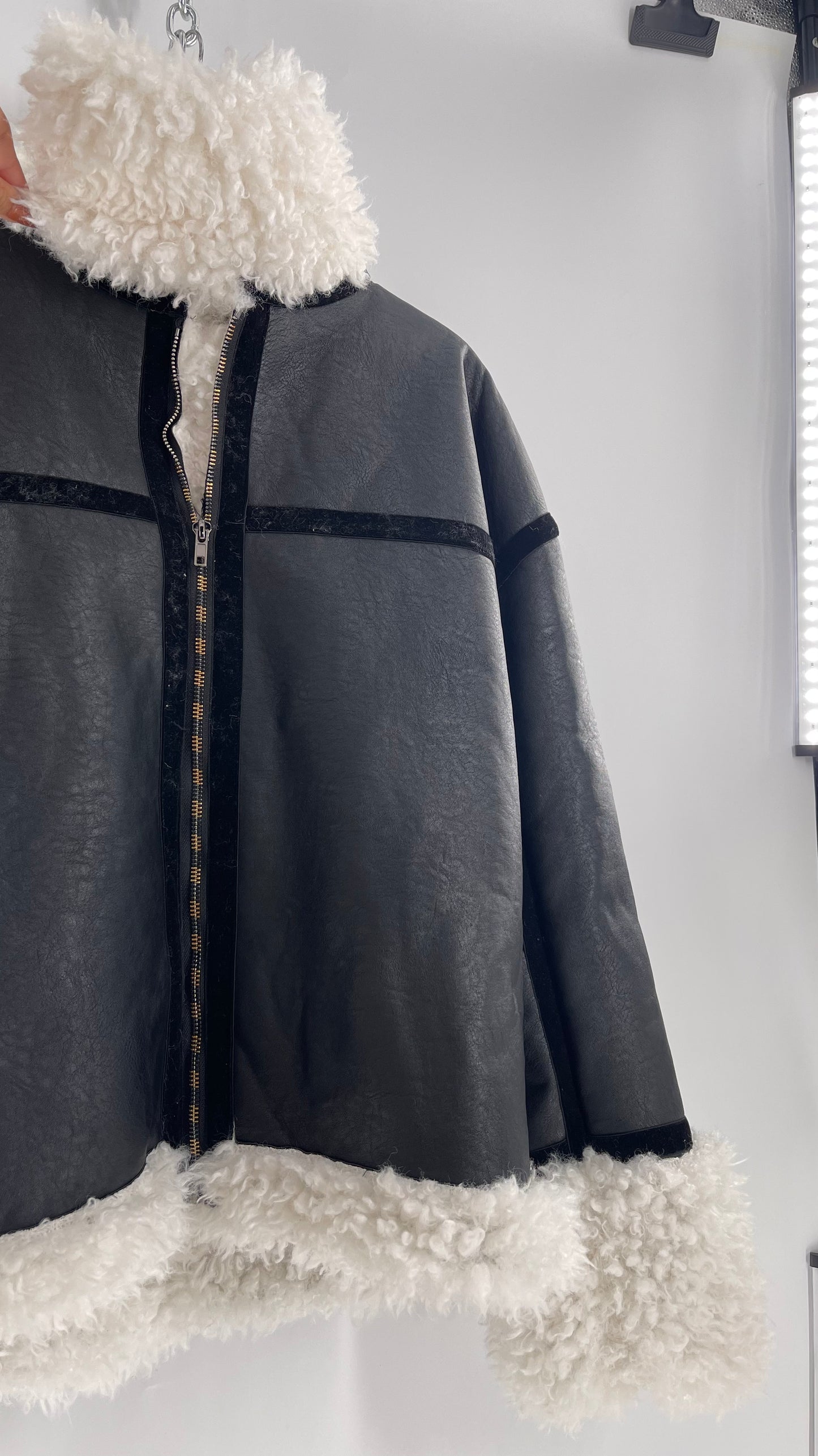 LIONESS Phoenix Jacket Black Faux Leather White Fur Trim (Large)