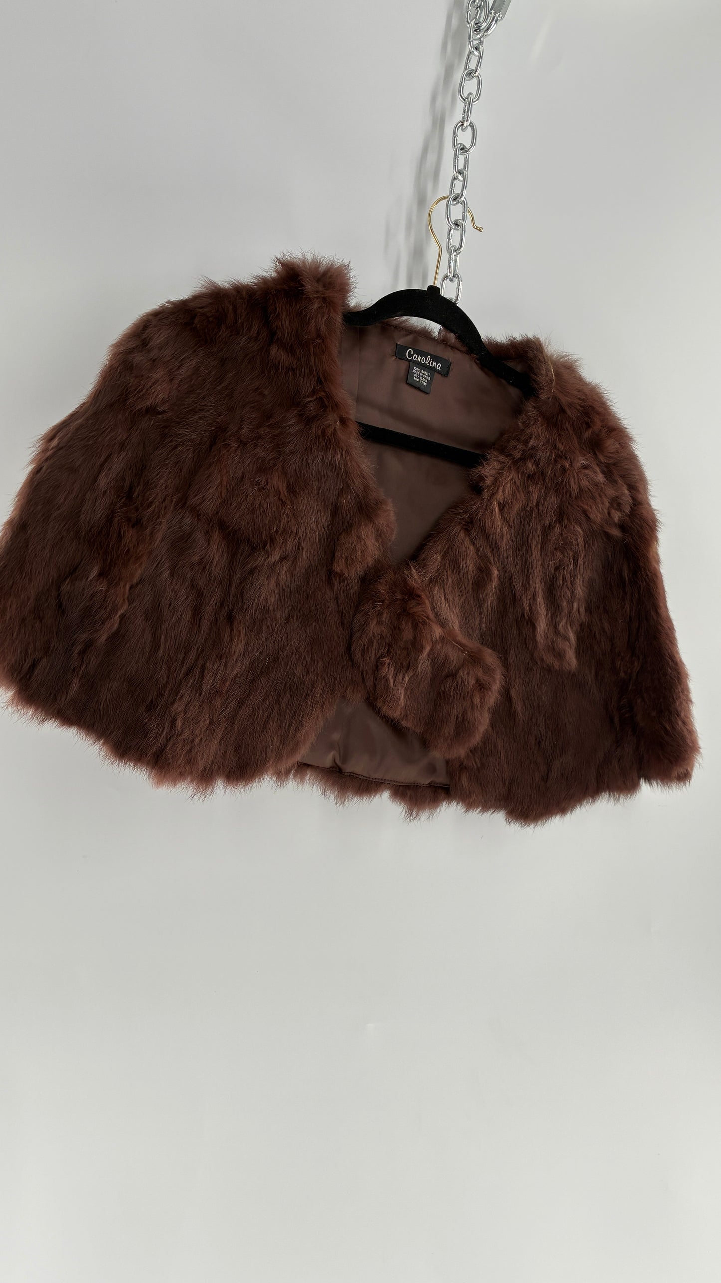 Vintage CAROLINE 100% Rabbit Fur Brown Shrug Cape with Oversized Round Buckle (One Size)