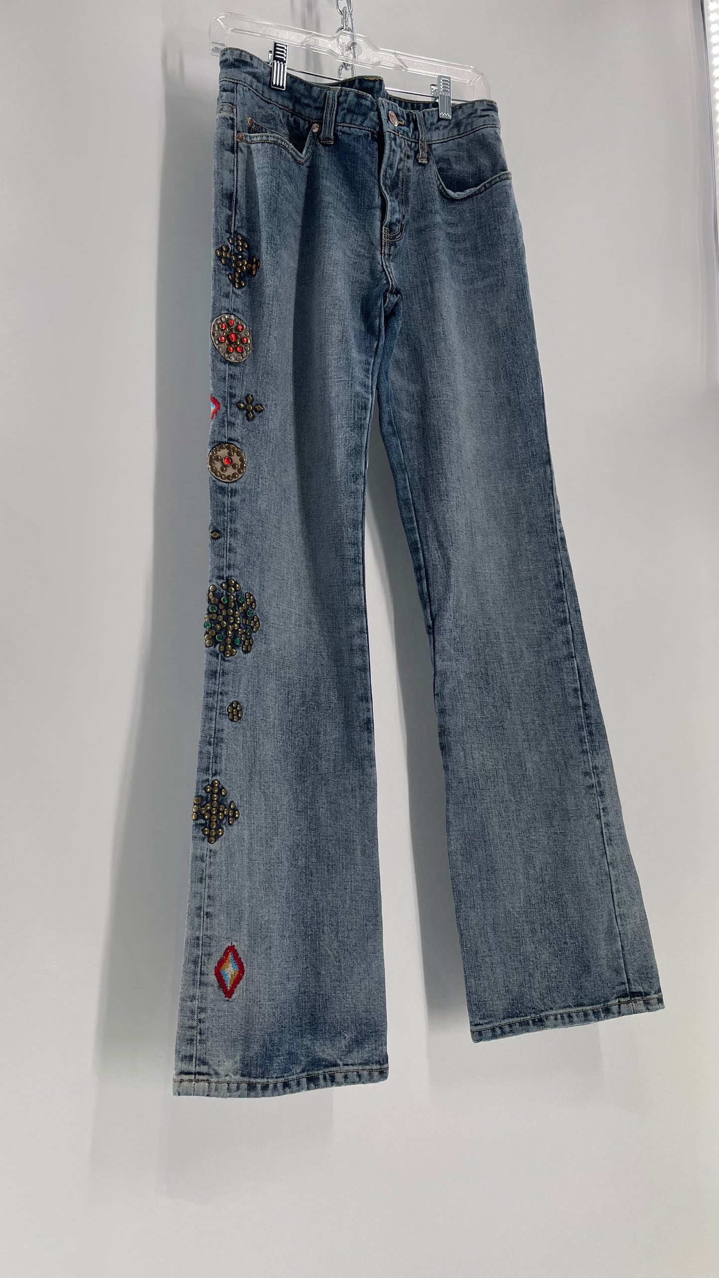 Western Denim Bank Light Wash Straight Legs with Gold/Bronze Metal Studs and Jewels (29)