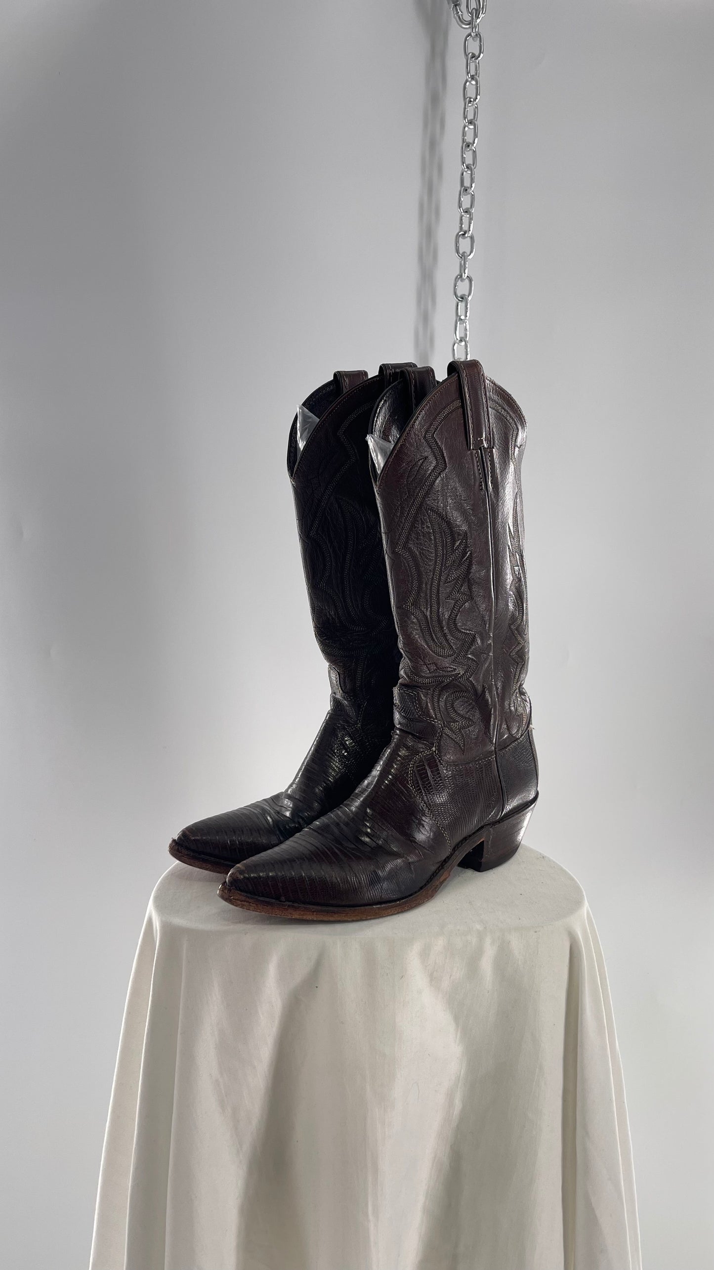 Vintage JUSTIN Dark Brown Leather/Lizard Pointed Toe Cowboy Boots Worn In (7.5)