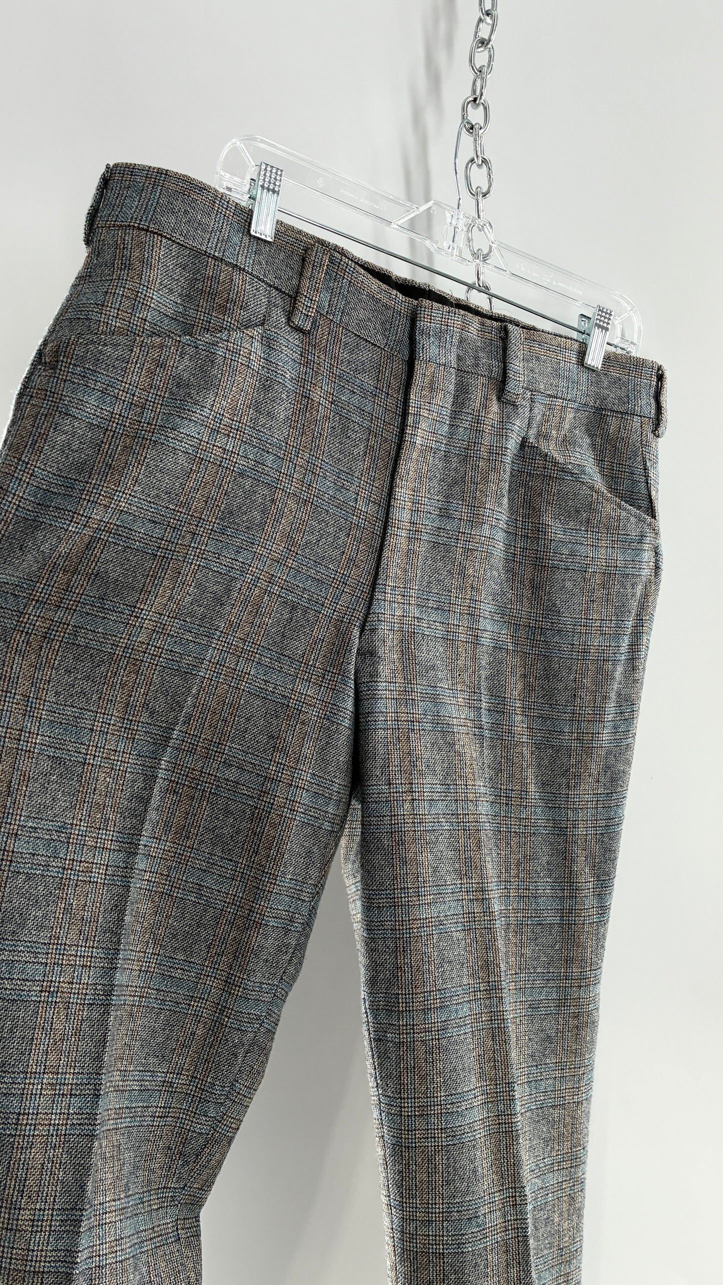 Vintage Handmade Wool Blend Woven Men’s Tailored Trousers with Grey Blue Plaid Pattern (35x32)