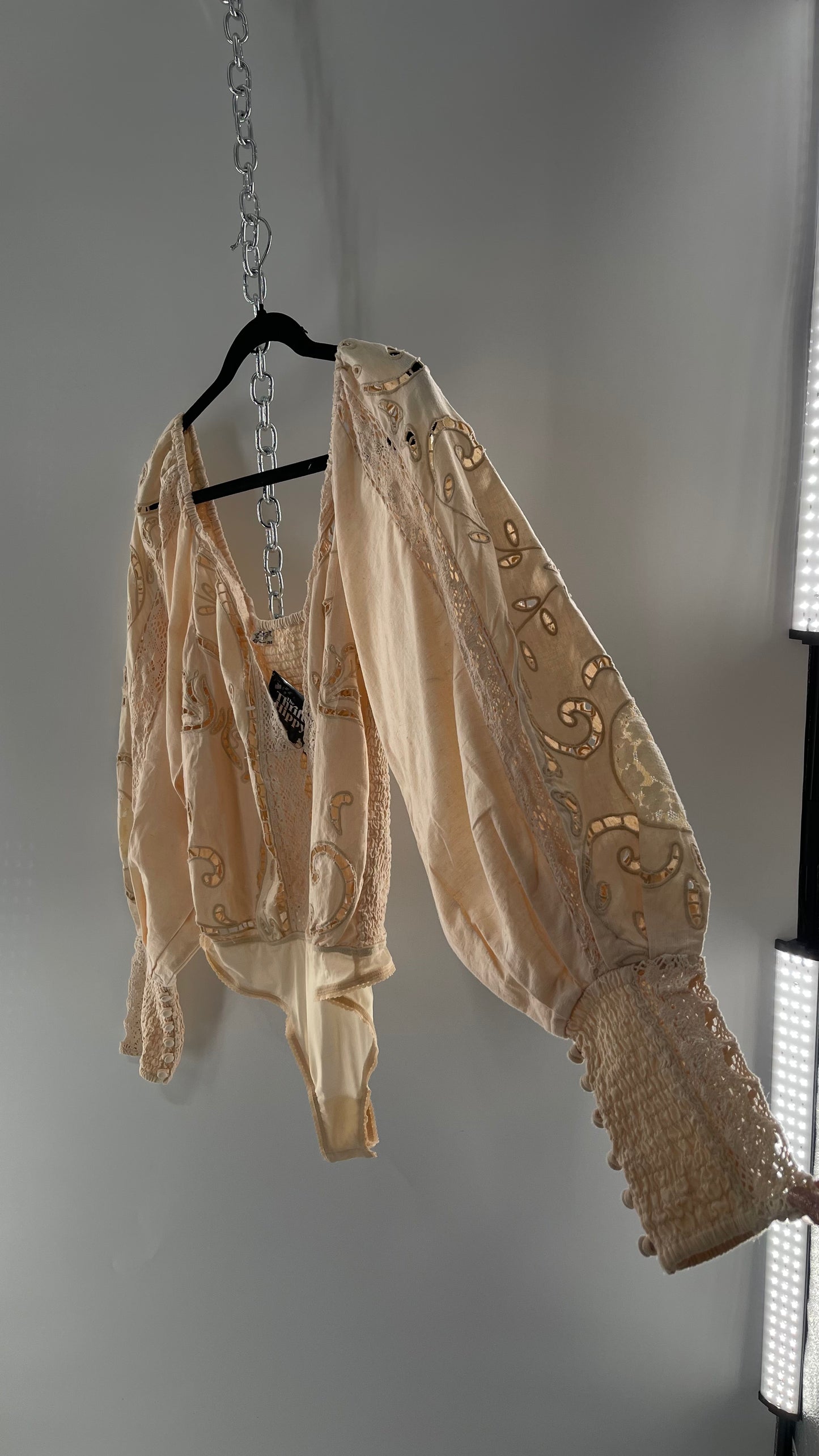Free People Off White Cotton Bodysuit with Embroidered Lace Balloon Bishop Sleeve and Smocked, Buttoned Cuffs (Large)