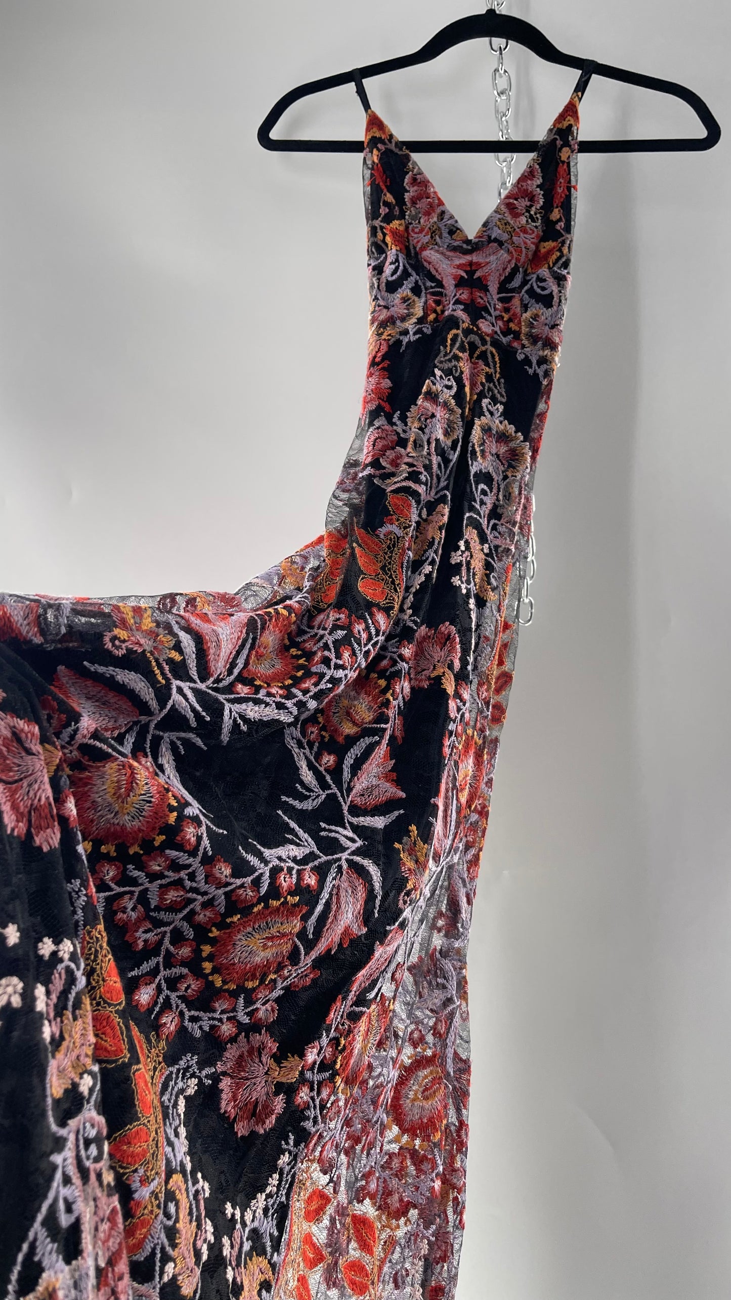 Free People Black Fall Toned Floral Embroidered Tule Sleeveless Maxi Dress (2)
