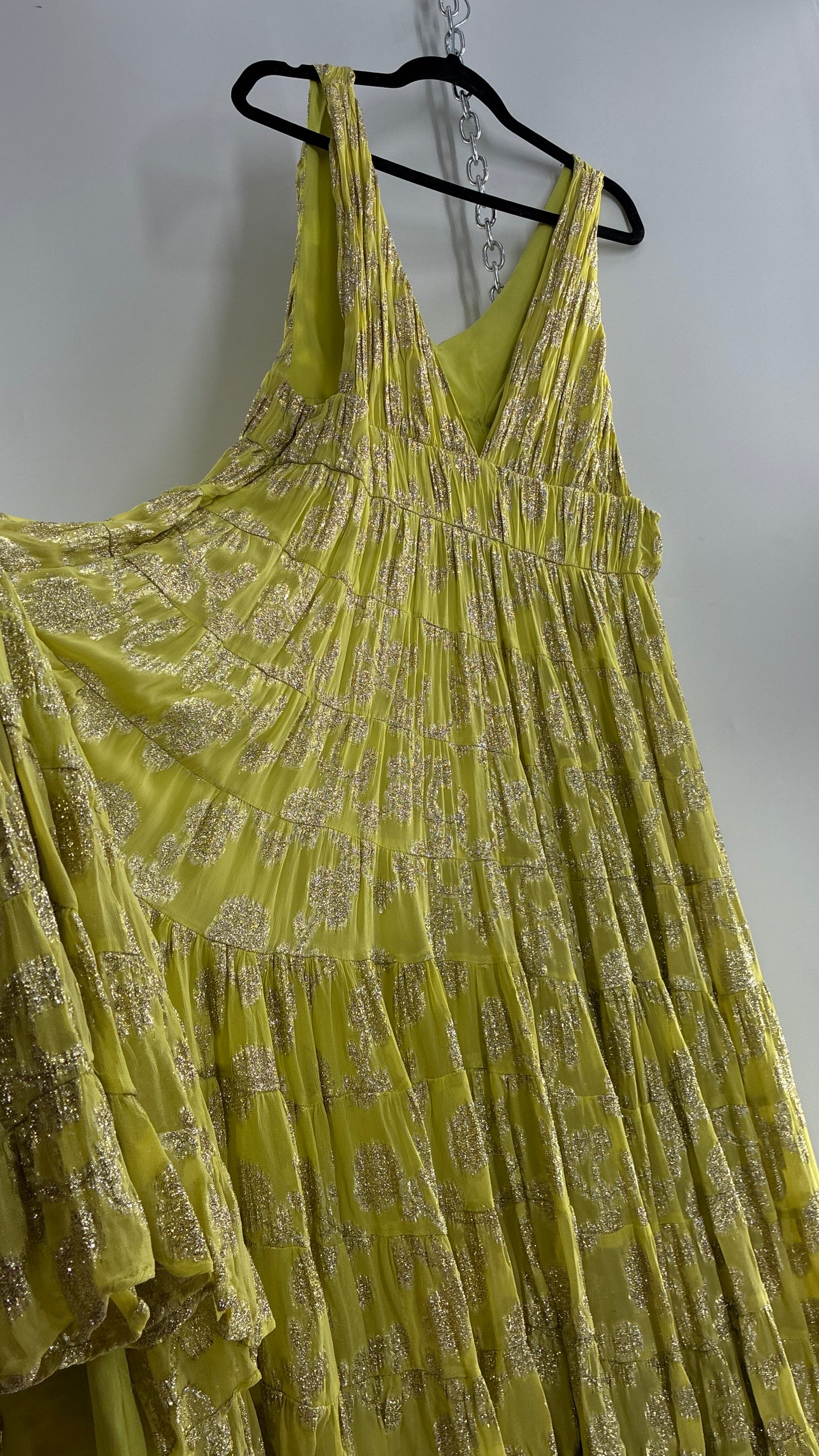 LET ME BE Lime Yellow/Green Ultra Voluminous Tiered Dress with Gold Metallic Jacquard Appliqué Pattern (XL)