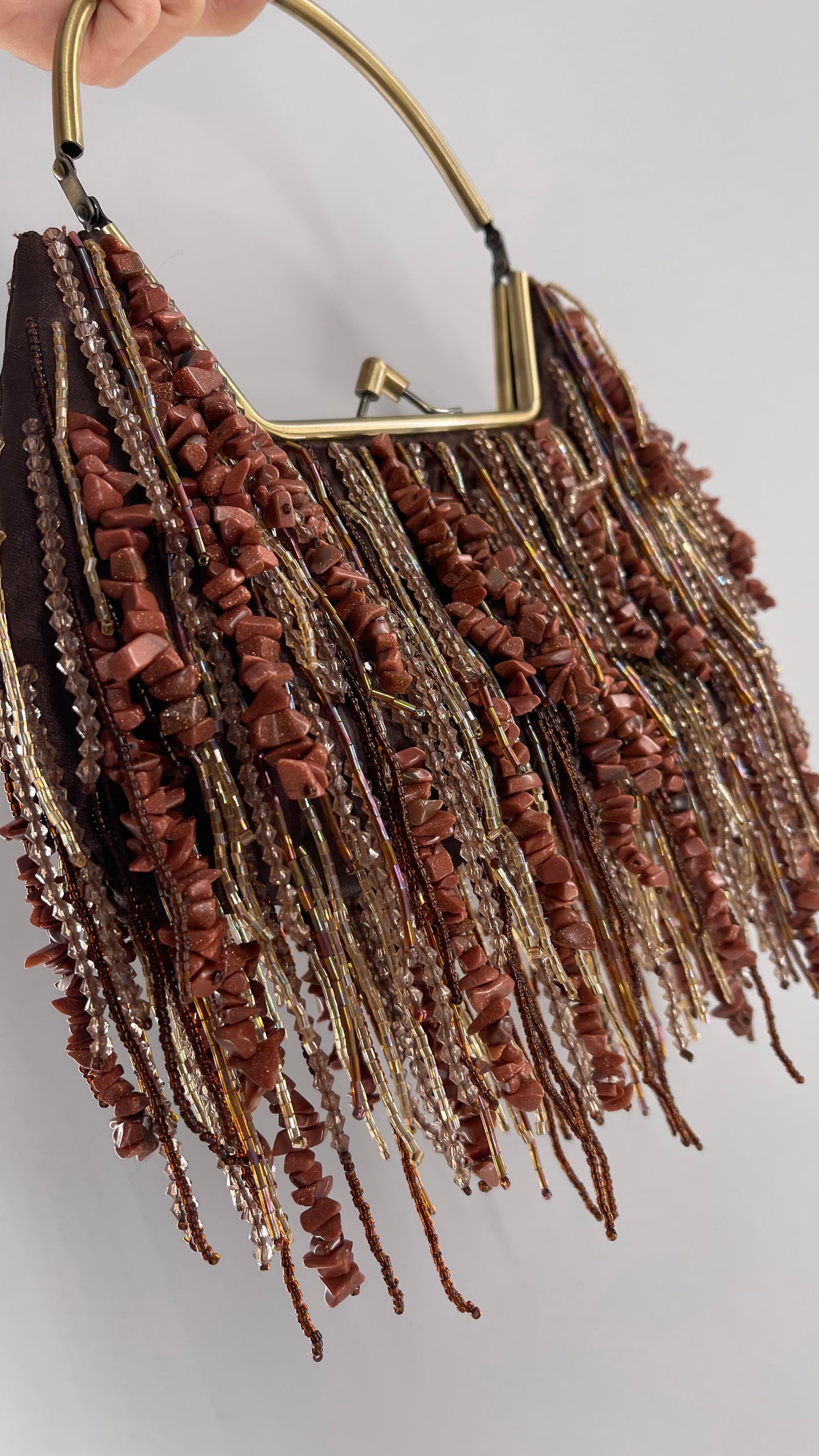 Vintage Purse Covered in Strands of Brown Beads and Reflective Stone Tassels