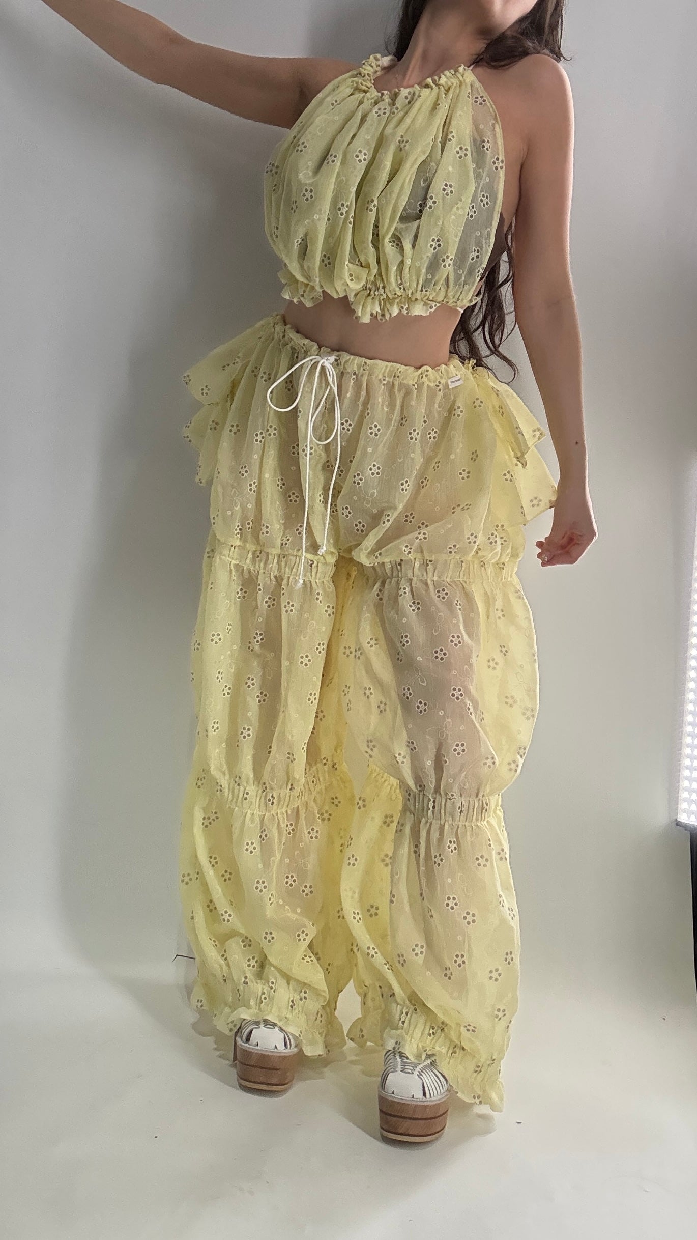 Vintage Handmade 2pc Baby Yellow Set with Tiered Pants, Ruffled Bum, and Floral Eyelet Pattern (XS-M)