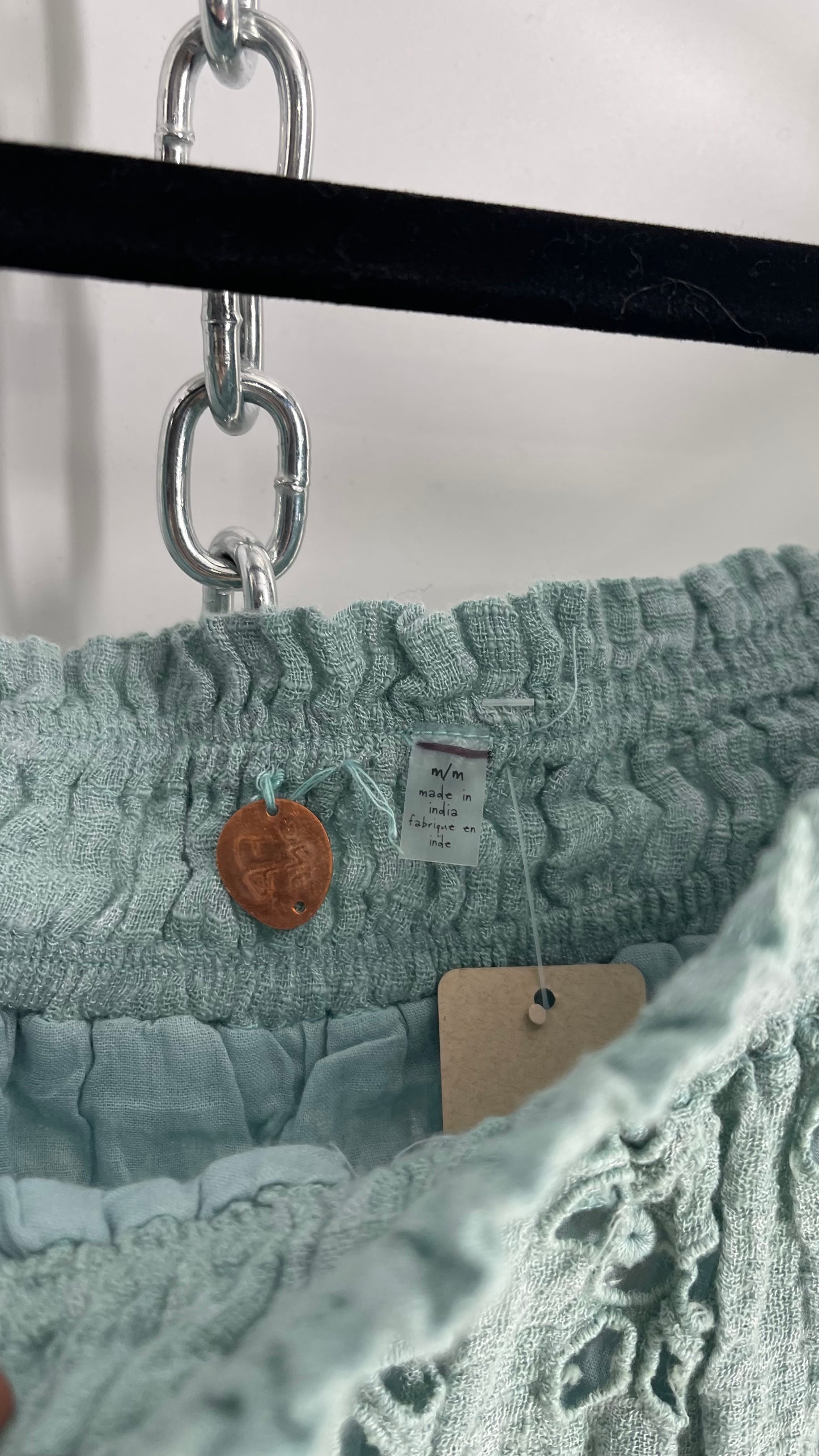 Free People Eyelet Cotton Teal Blue Off the Shoulder Ruffle Bandeau (Medium)