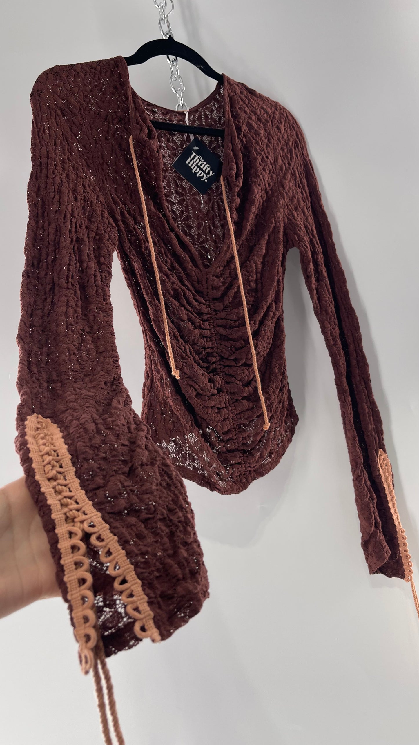 Free People Burgundy Lace Long Sleeve with Pink Lace Up Sleeve Detail (Medium)
