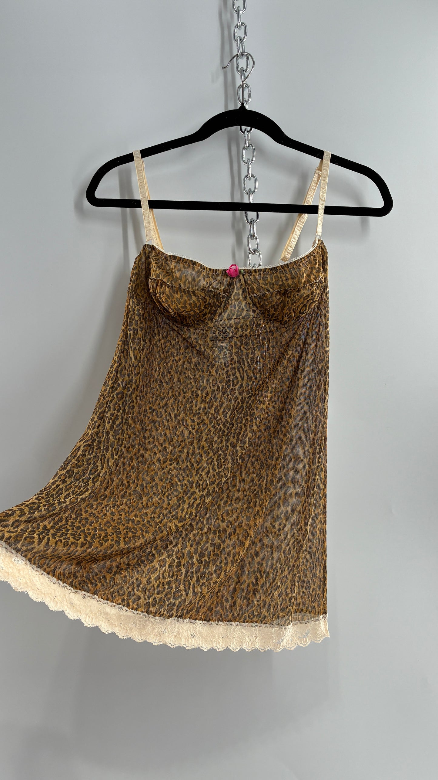 Vintage 1990s Dolce & Gabanna Cheetah Mesh Babydoll Camisole with Underwire Ruched Bust, Rosette and Branded Appliqué Tag (Large)