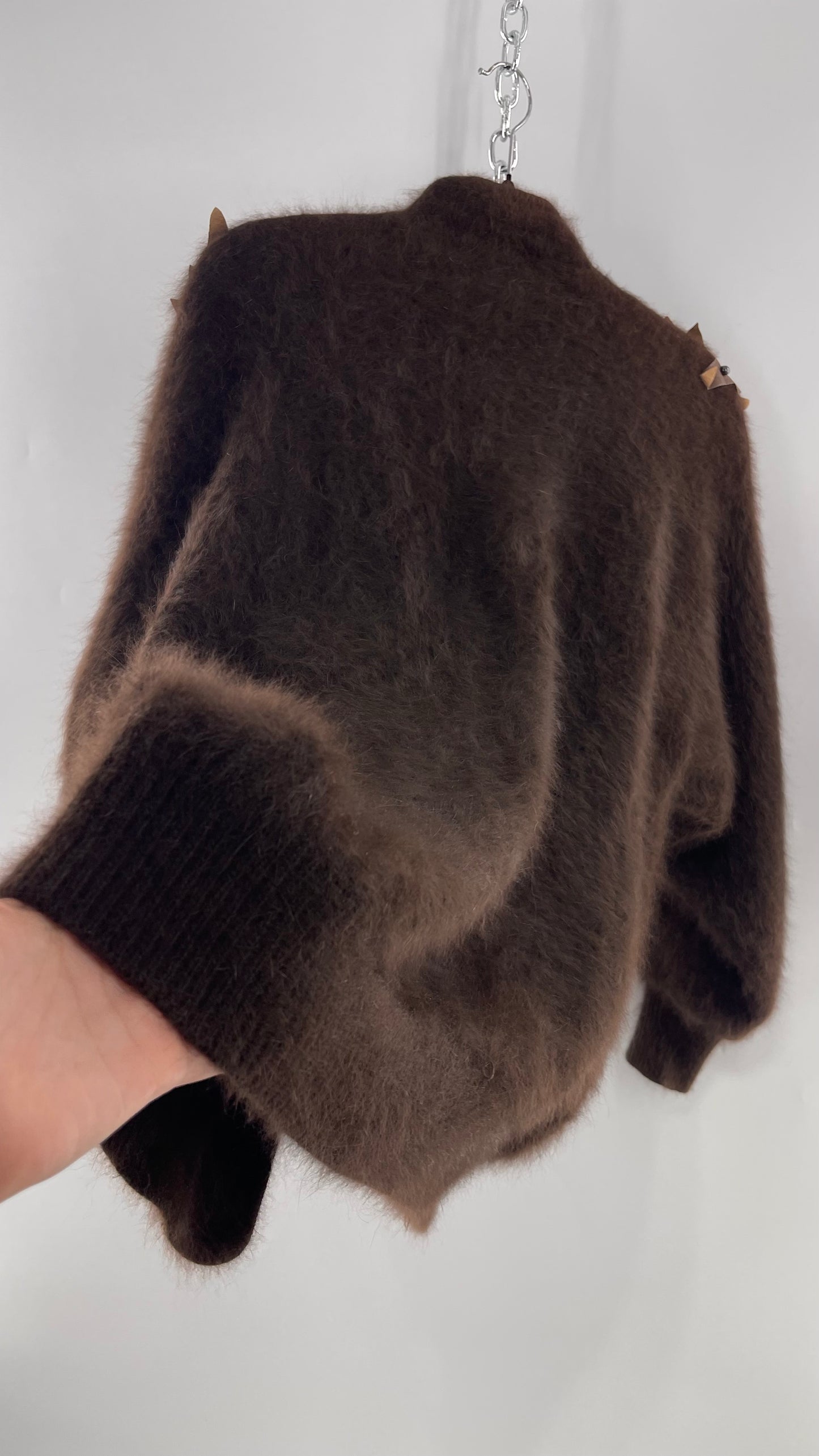 Liho Korean Vintage Brown Cardigan with Leather, Fur and Beaded Detailing 15% Wool 75% Angora  (C)(Medium)