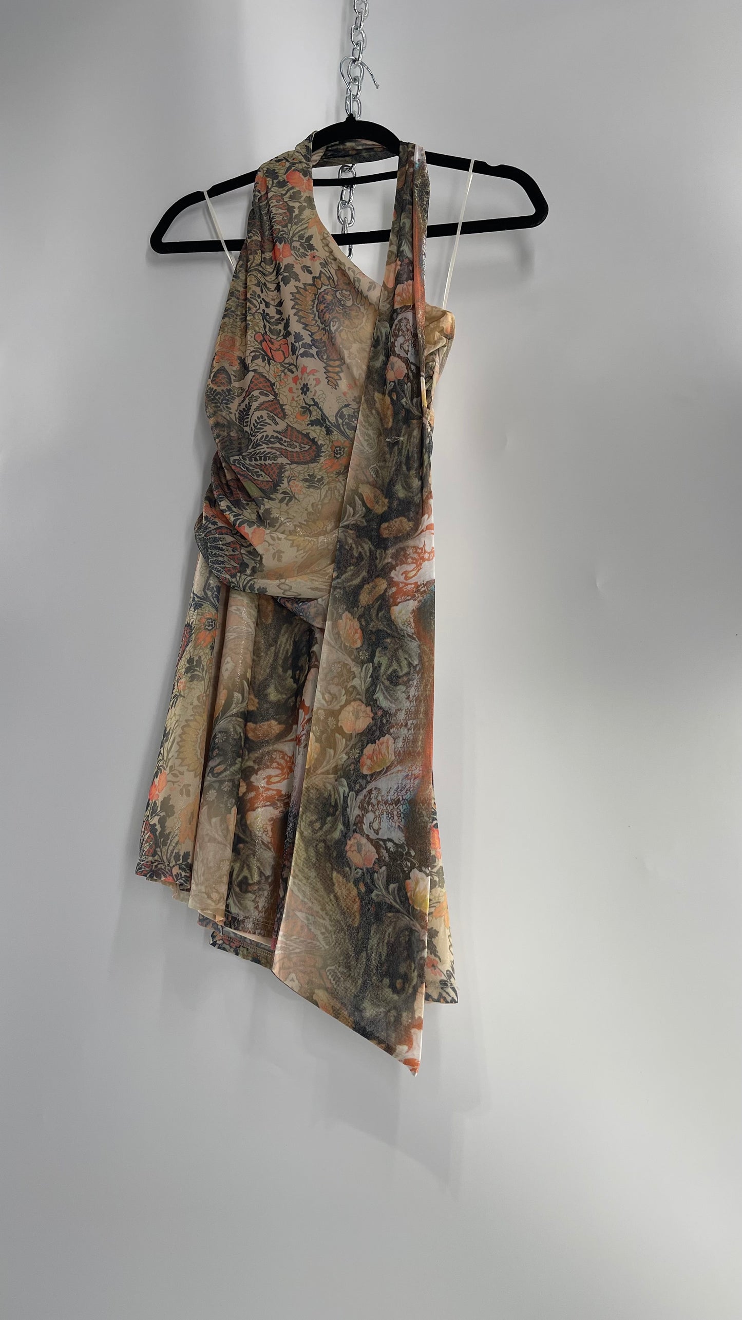 Urban Outfitters All Over 90s Tattoo Graphic Neck Tie Mini Dress with Asymmetric Hem (Medium)